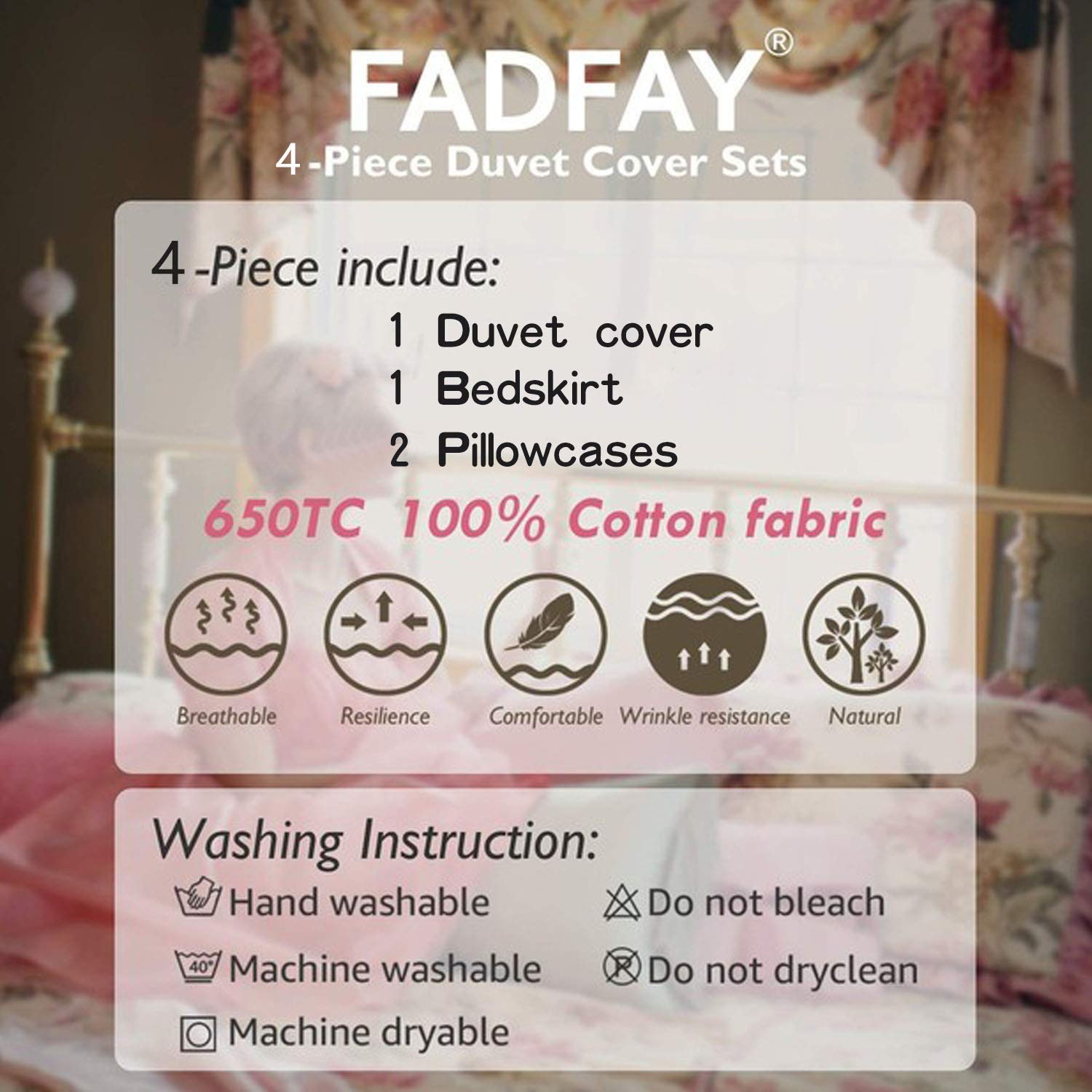 FADFAY Shabby Chic Pink Duvet Cover Set with Rose Floral Pattern - Elegant Princess Lace Ruffle Bedding Collection - 4 Piece Twin Size Quilt Cover for Girls - Perfect for Teen Bedrooms, Princess Themed Decor & Cozy Sleepovers