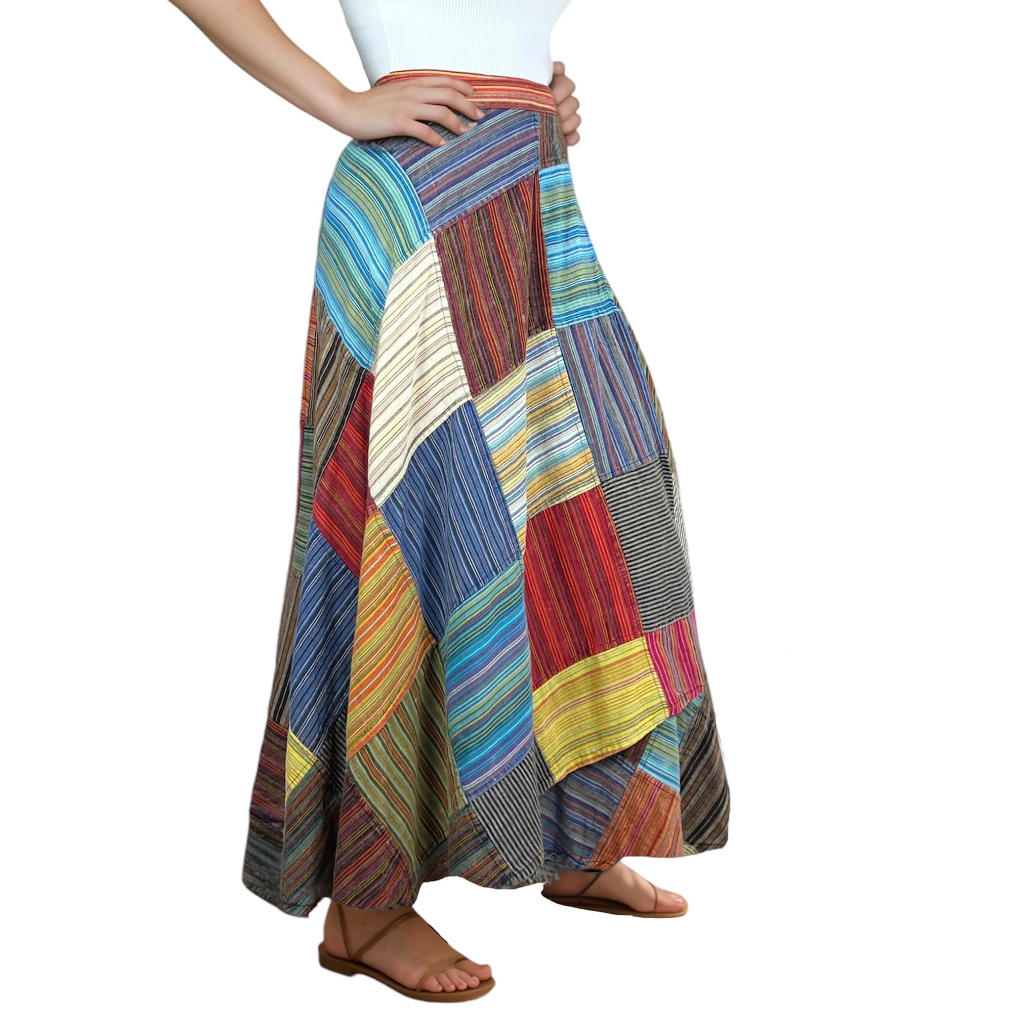 Agan Traders Women's 2025 Spring & Fall Boho Maxi Skirt - High Waisted Long Bohemian Wrap Skirt with Patchwork & Tie-Up Detail | Perfect for Beach, Festival, and Casual Wear