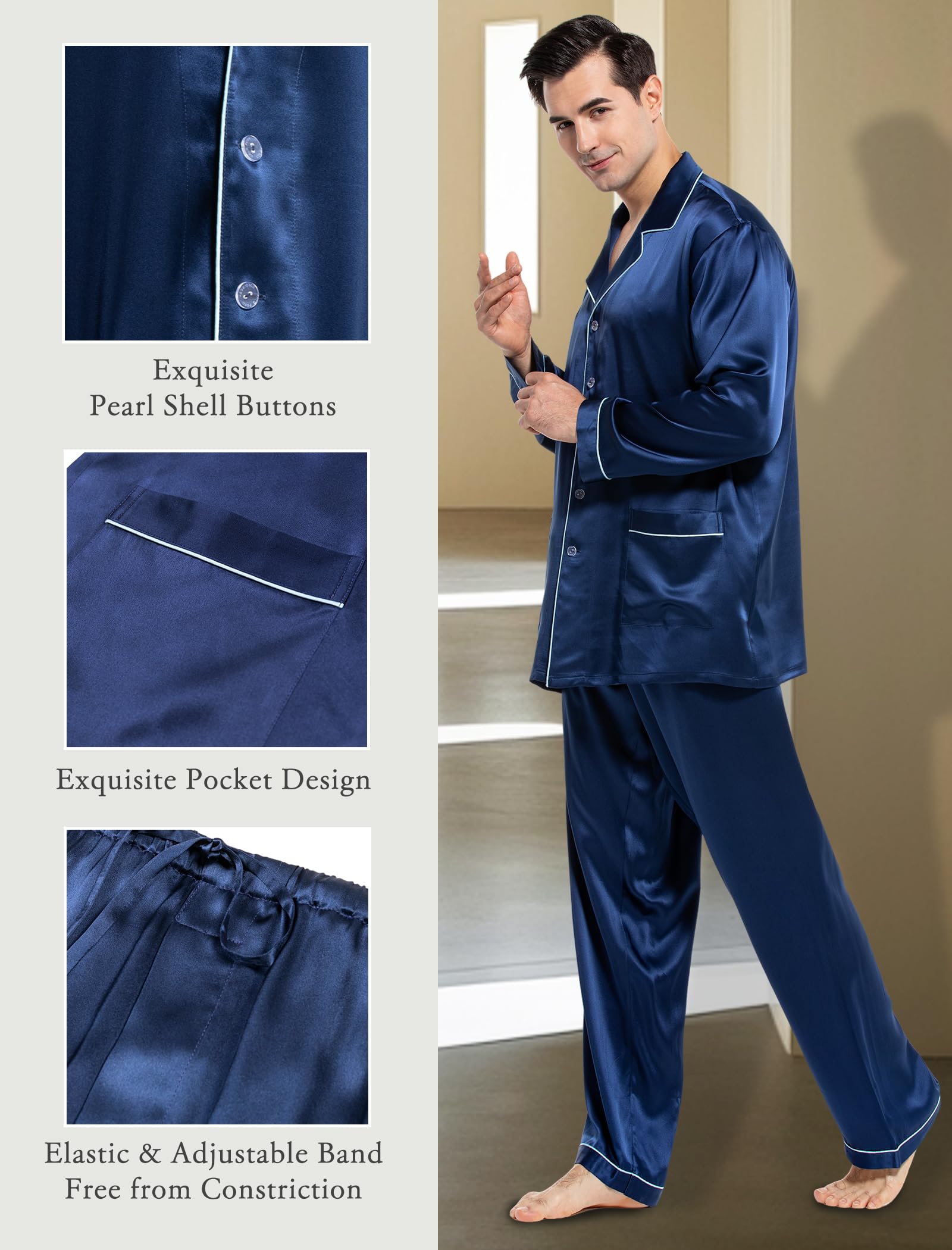 Luxury Men's Silk Pajama Set - 100% Pure Silk Long Sleeve Button Down Sleepwear for Men - Soft & Breathable 2-Piece Pajamas for Lounge, Sleep & Relaxation at Home