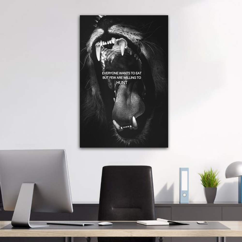 Lion Hunt Motivational Canvas Wall Art - Inspirational Entrepreneur & Beast Mode Poster with Lion Teeth Quote - Success Art for Living Room, Bedroom, Office - Framed & Ready to Hang - Perfect for Home Decor, Office Motivation & Gifts