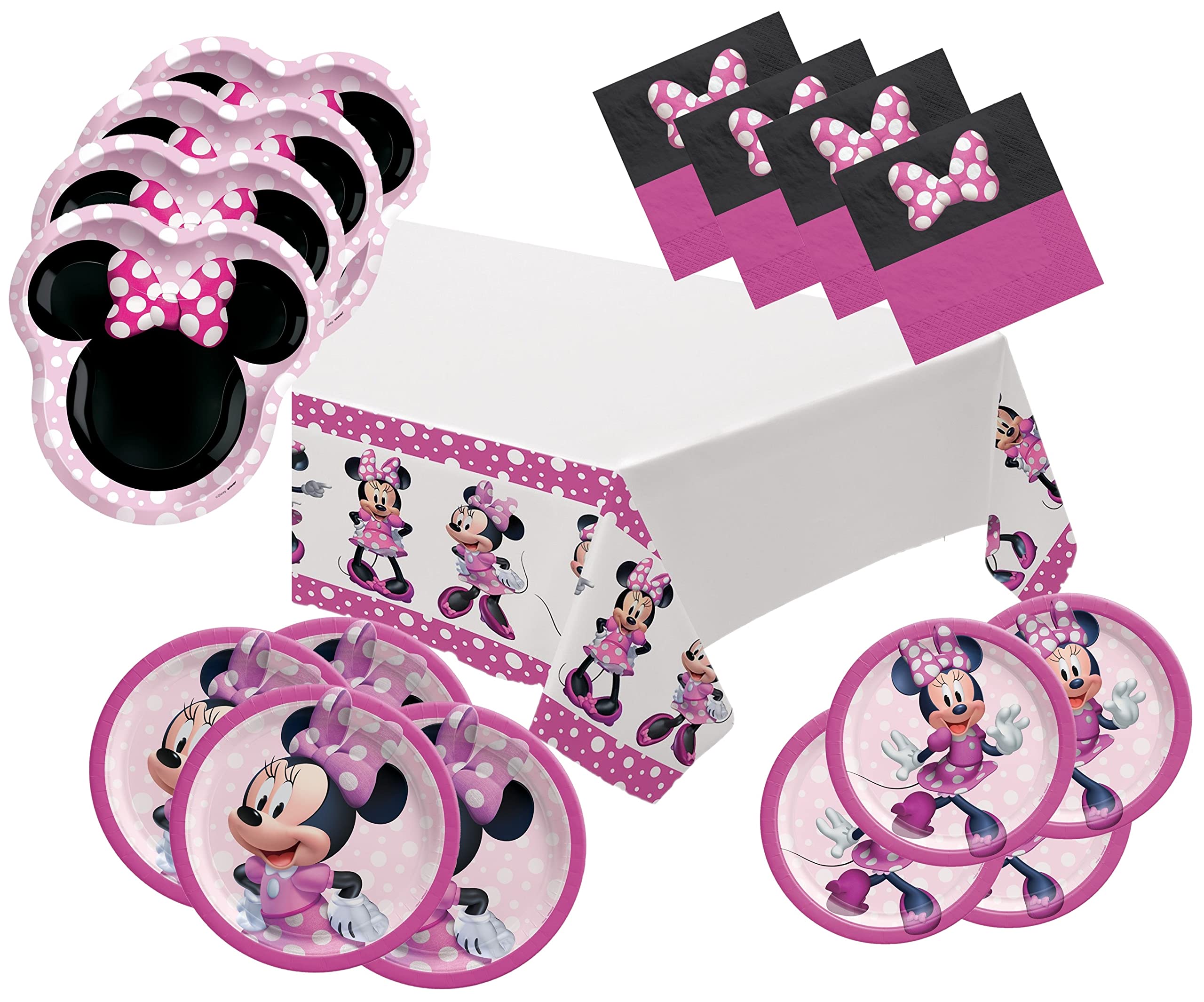 Minnie Mouse Party Supplies Tableware Set for 16 Guests - 8 Shaped Plates, 8 Round Plates, 16 Dessert Plates, 16 Napkins & 1 Table Cover - Perfect for Birthday Parties, Baby Showers & Disney Themed Events