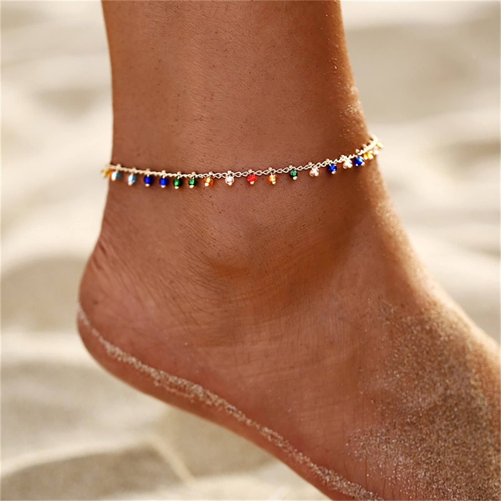 Boho Beach Chain Beaded Anklet - Colorful Bohemian Jewelry for Women | Gothic Foot Accessory with Hoop Earrings | Perfect for Summer Festivals, Beach Vacations & Boho Fashion
