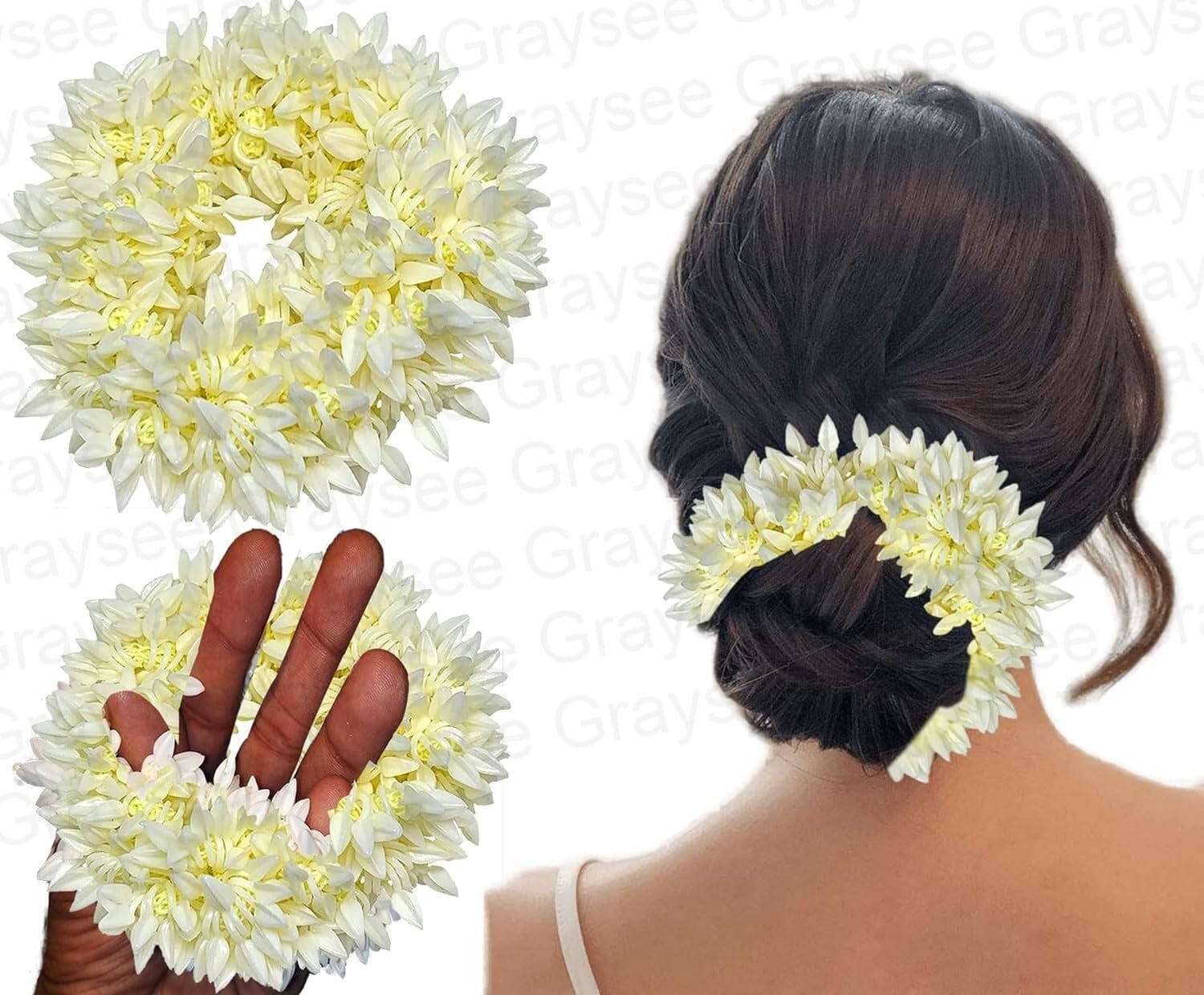 Graysee Scented Mogra Gajra Hair Accessories for Women & Girls - Artificial Hair Flower Bun, Fake Gajra Scrunchies, Rubber Band Hair Braiders (Pack of 2) - Perfect for Weddings, Parties & Traditional Outfits