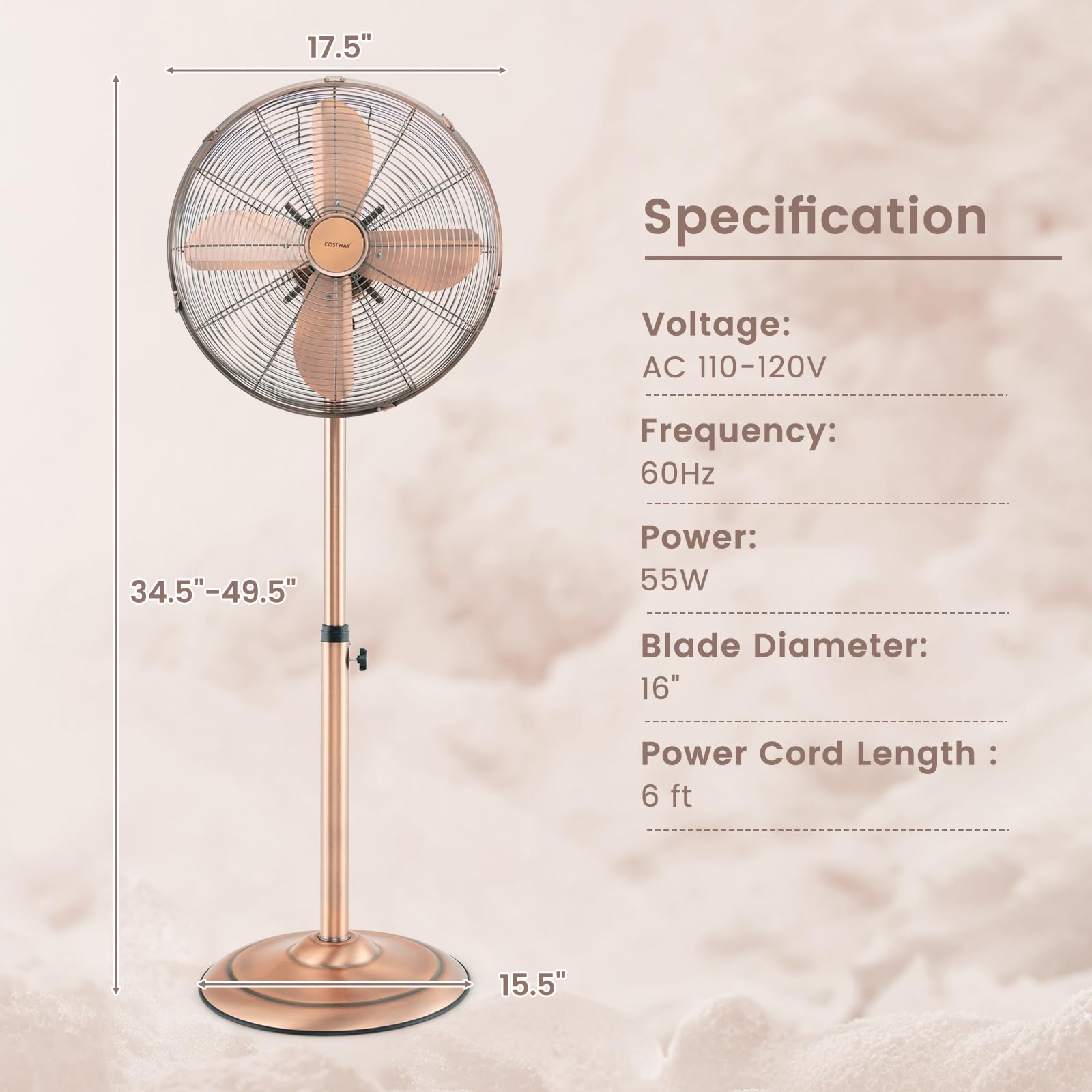 COSTWAY 16-inch Metal Pedestal Fan - Quiet High Velocity Standing Fan with 75° Oscillation, 3 Speed Settings & Adjustable Height - 4 Blade Floor Fan for Bedroom, Home Office, Shop & Outdoor Use - Durable Copper Motor
