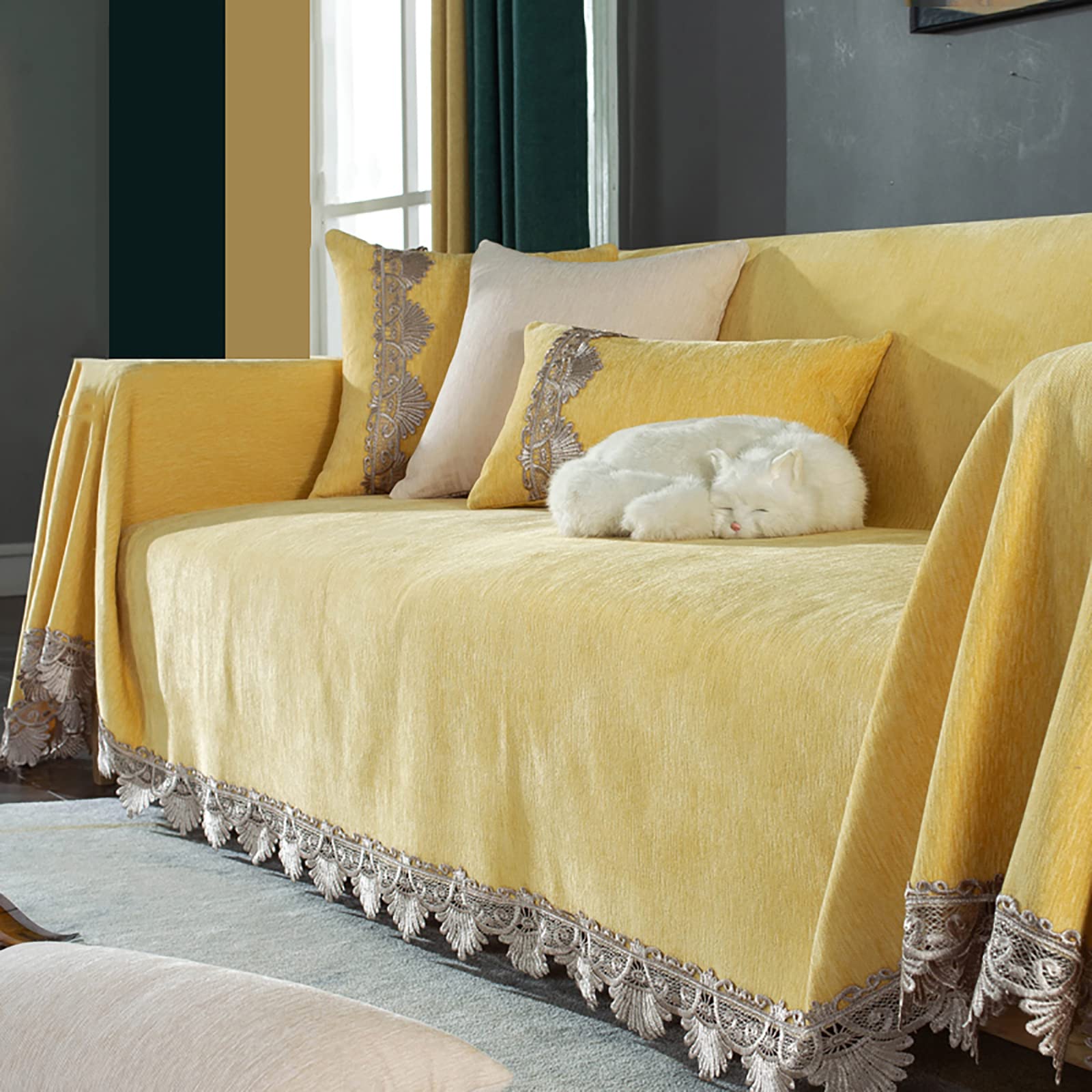 FTHOME Chenille Sectional Sofa Cover - Soft Vintage Couch Protector with Lace Edge, Machine Washable Dog Furniture Protector (Yellow, 3-Seater 180-300cm) for Living Room, Bedroom & Pet-Friendly Homes