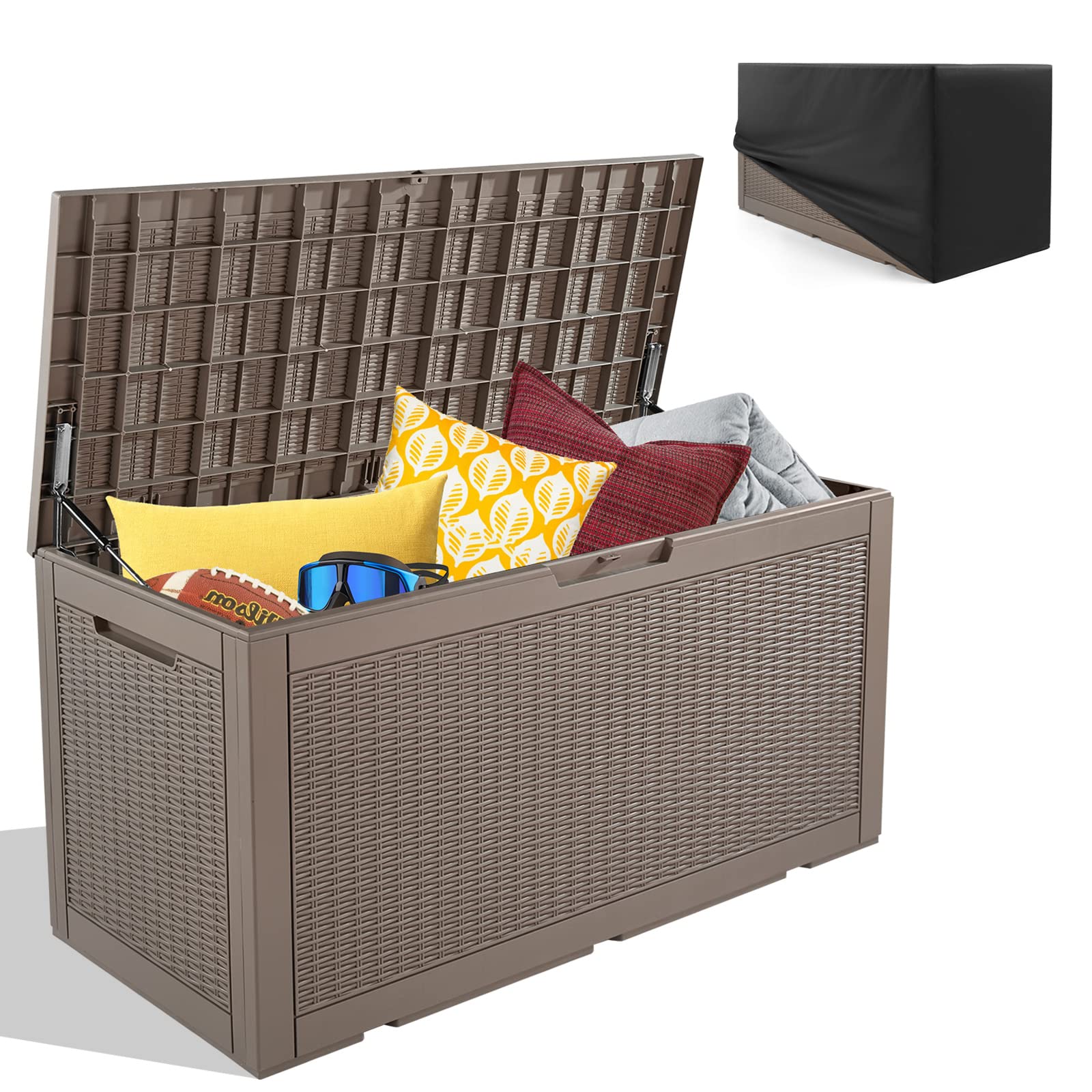 COSVALVE 100 Gallon Resin Deck Box - Large Outdoor Storage Container with Waterproof Cover for Patio Furniture, Pool Toys, Garden Tools & Sports Equipment - Weatherproof & Durable (Brown) - Perfect for Backyard, Garden & Poolside Storage