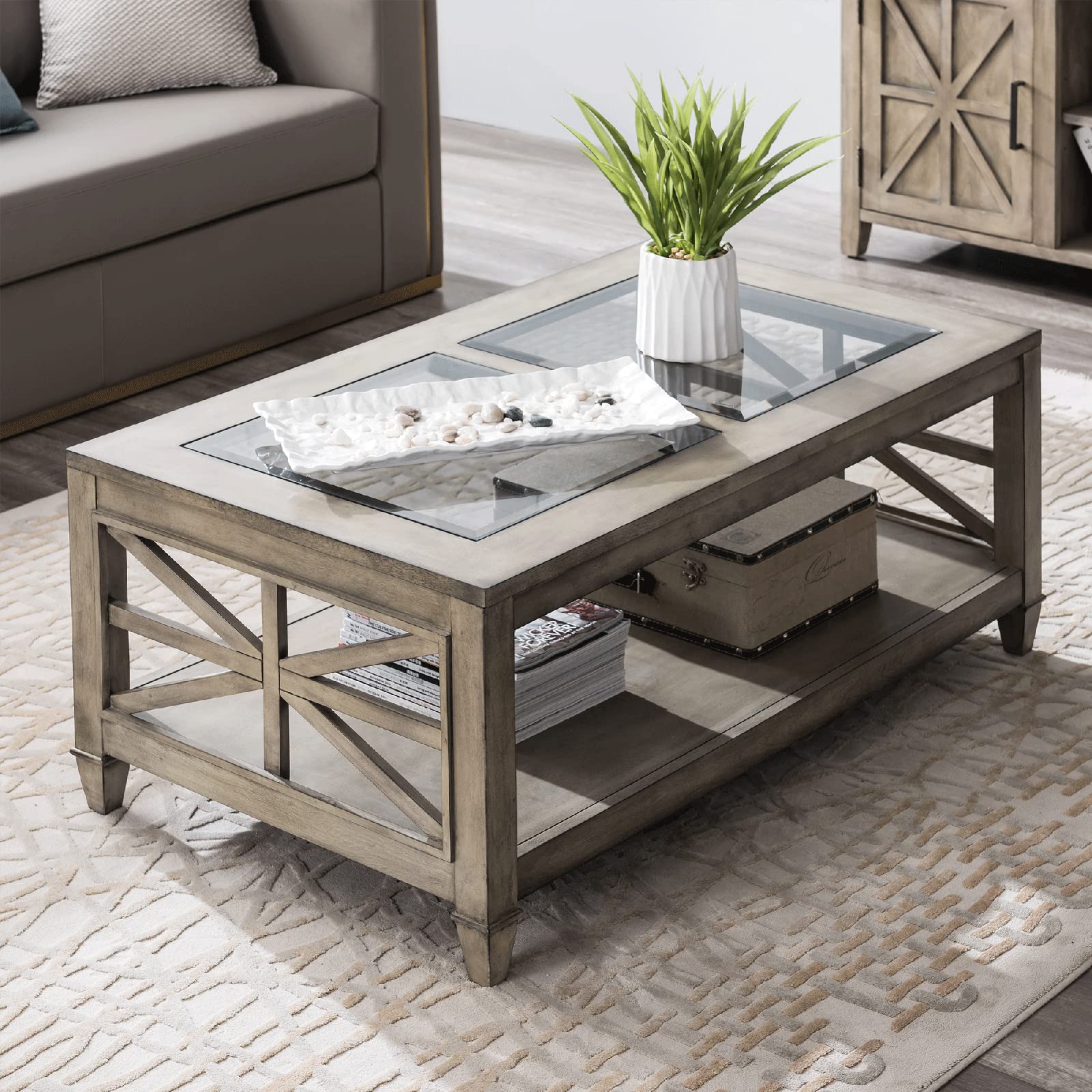 Solid Wood Coffee Table with Tempered Glass Top - 45.5