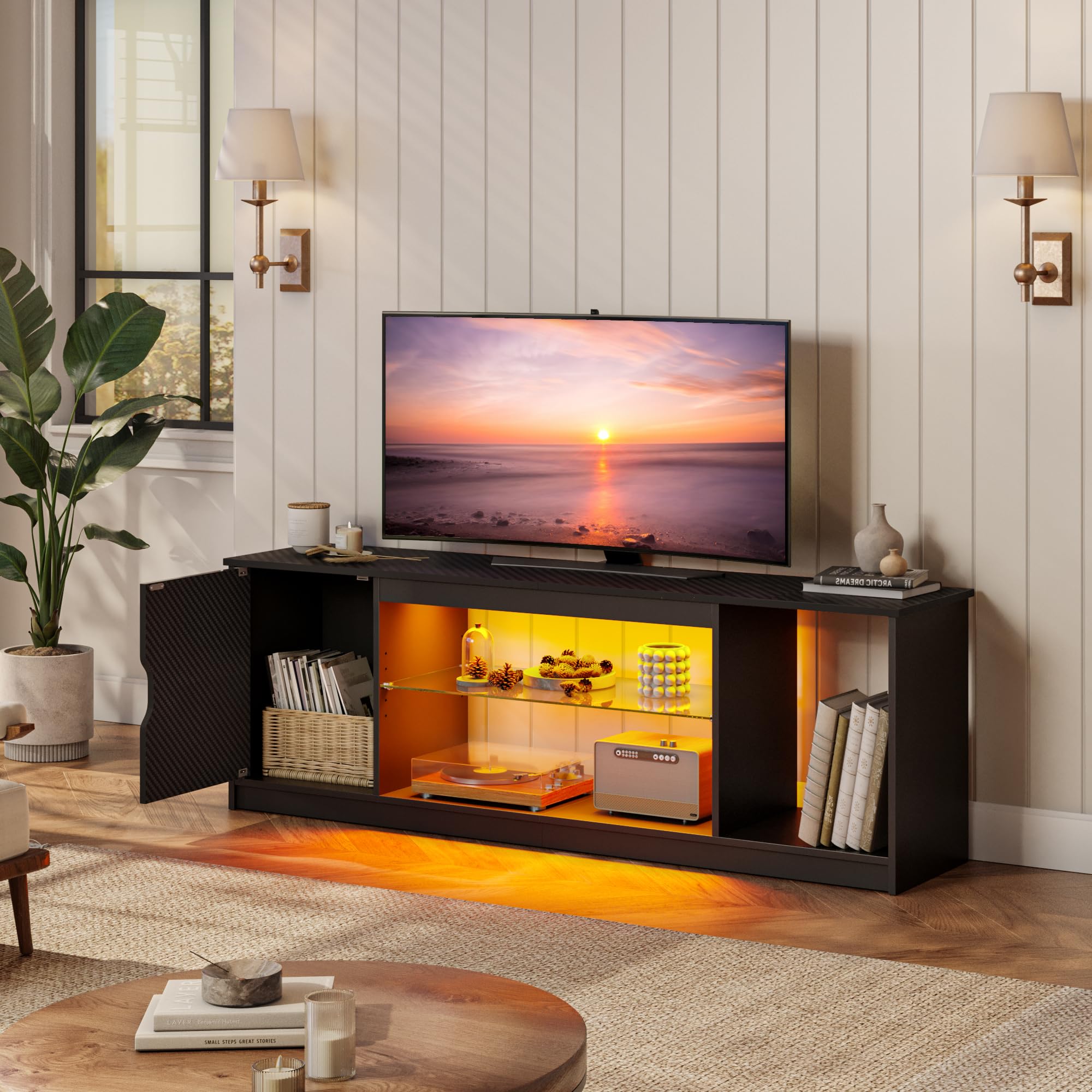Bestier 57 Inch Modern LED TV Stand for 55/60/65 Inch TVs - Gaming Entertainment Center with Storage Cabinet for PS5, Xbox & Media Devices - Adjustable Glass Shelves TV Console for Living Room & Bedroom - Perfect for Home Theater Setup & Gaming Stations (Black)