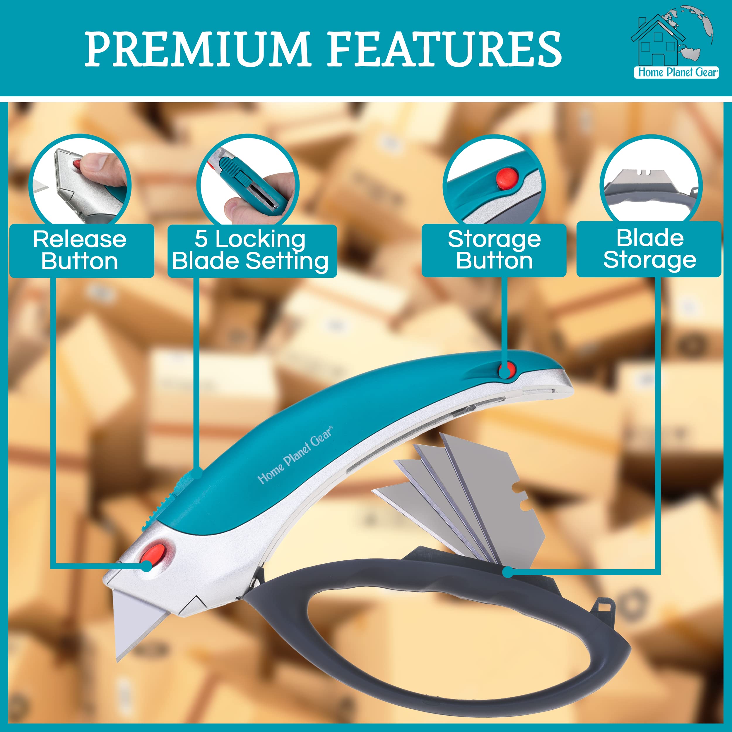 Heavy Duty Retractable Utility Knife - Sharp Box Cutter with 5 Blades for Cardboard, Carpet & Packaging | Perfect for Warehouse, Moving & DIY Projects