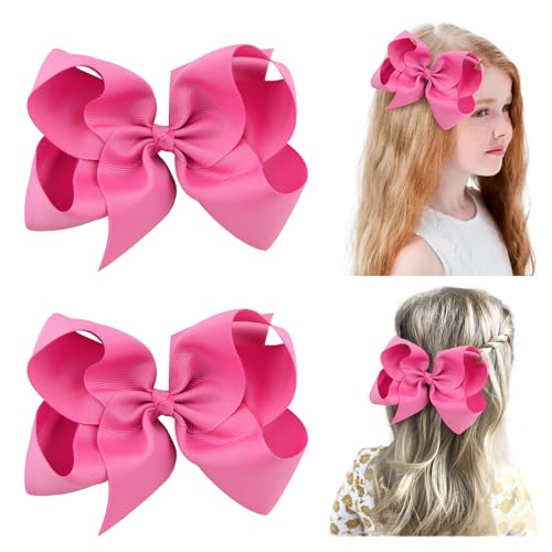 2 PCS 6 Inch Big Hair Bows for Girls - Alligator Clips Grosgrain Ribbon Solid Color Hair Accessories for Toddler, Little, Teen Girls (Pink) - Perfect for School, Parties, and Everyday Wear