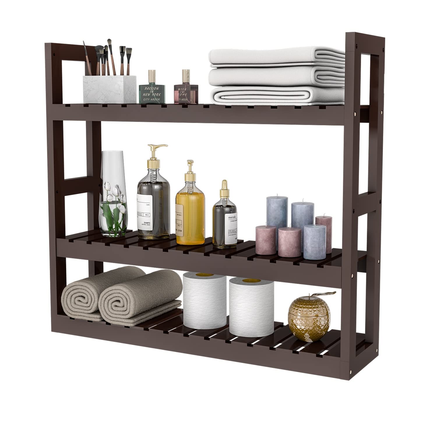 Domax 3-Tier Bamboo Bathroom Shelf - Wall Mounted Storage Rack for Bathroom Organization, Adjustable Over Toilet Shelves for Living Room & Kitchen - Space Saving Home Decor (Brown) | Perfect for Small Bathrooms, Apartments & Dorm Rooms