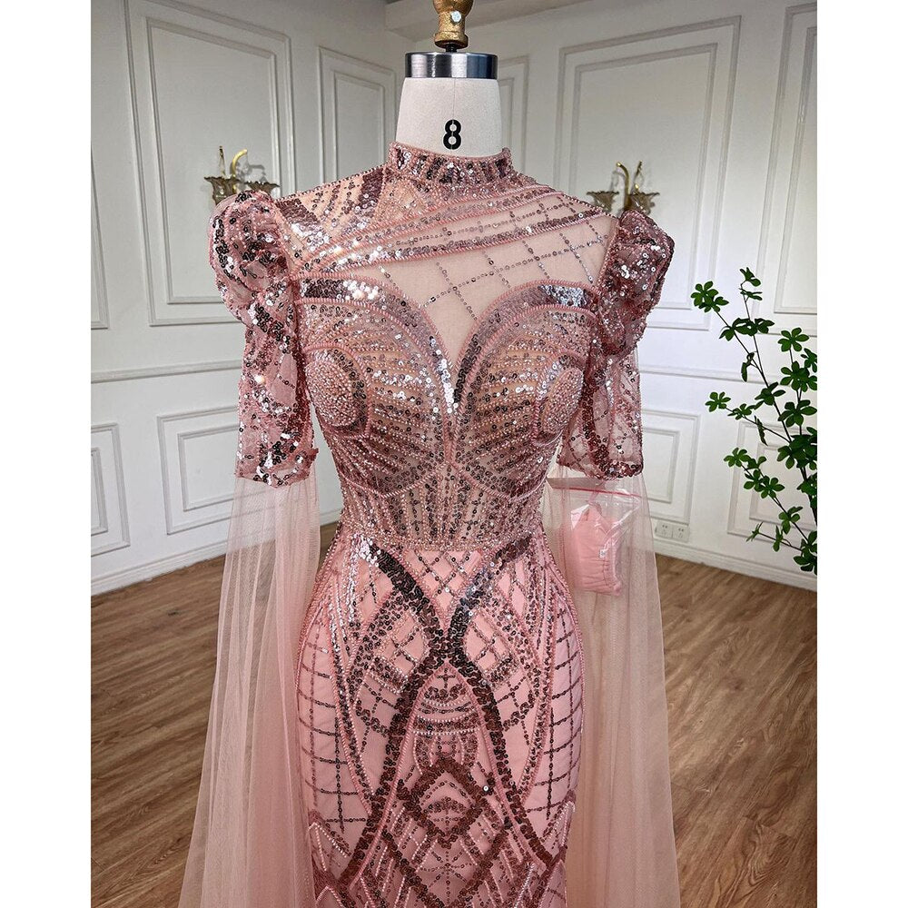 Luxury Emerald Green Evening Dresses with Cape Sleeves - Elegant Women's Wedding Party Gowns for Special Occasions | Serene Hill LA72077 | Perfect for Galas, Proms, and Formal Events