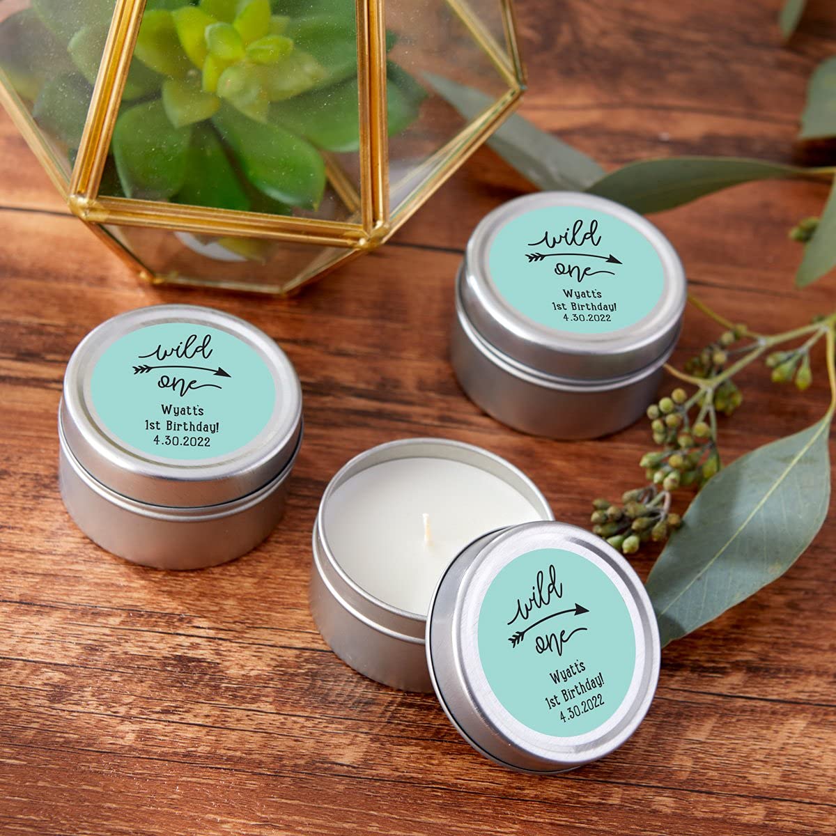 Kate Aspen Personalized Travel Candle Tin - 96PCS Custom Scented Candles with Round Sticker Design - Perfect for Milestone Birthday Party Favors, Wedding Decor & Travel Gifts - Great for Home, Office & Spa Relaxation