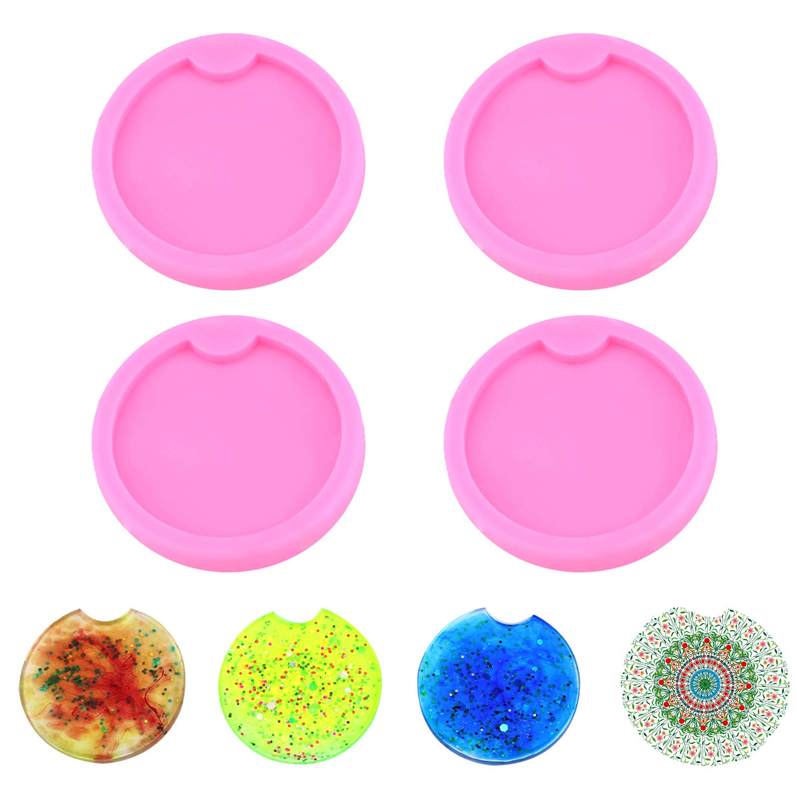 SAVITA 4Pcs Silicone Coaster Molds for Resin Casting - DIY Round Coaster Silicone Molds for Jewelry Making, Resin Coasters & Keychain Decorations (Pink) - Perfect for Home Decor, Gift Making & Craft Projects