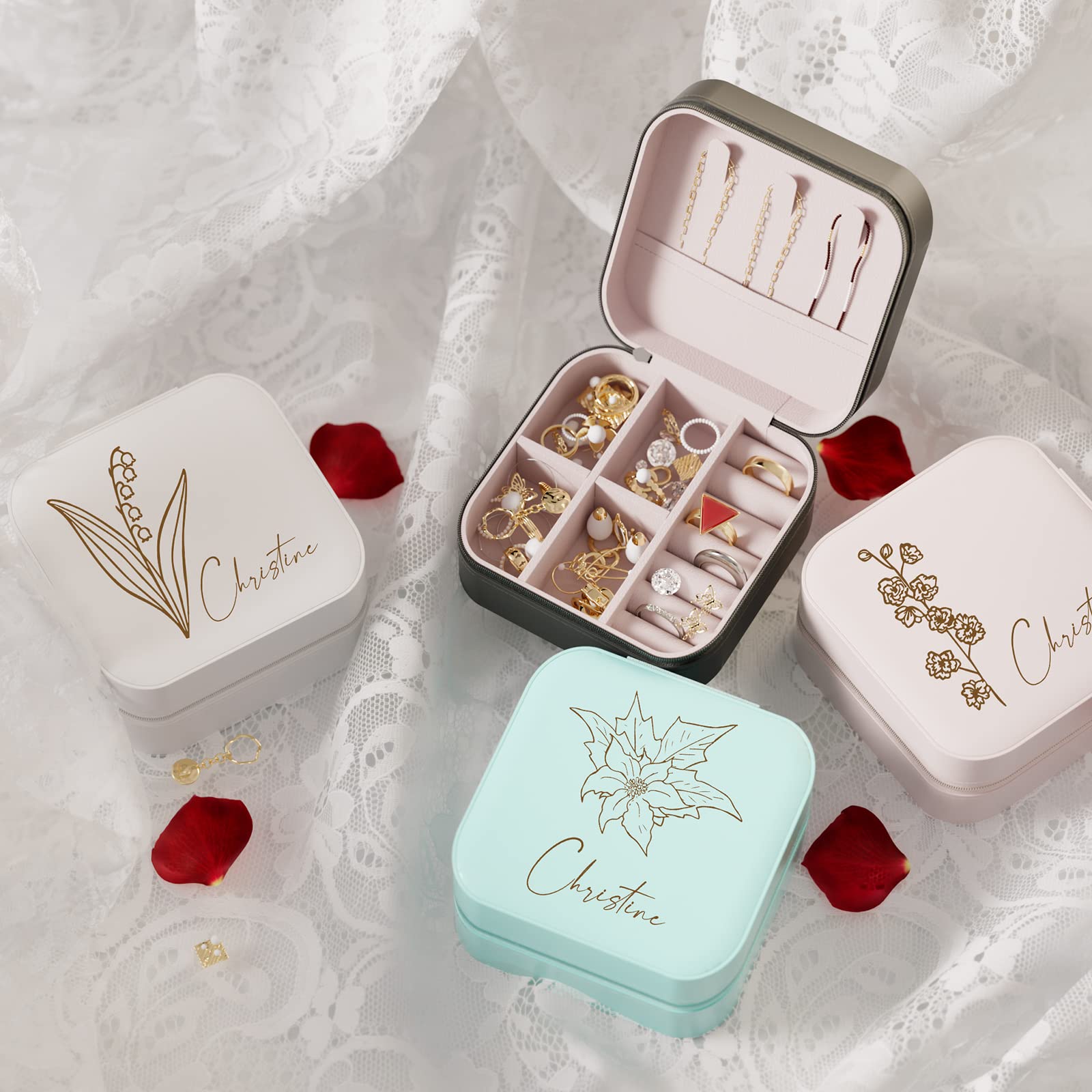 Personalized Jewelry Box for Women - Custom Travel Jewelry Organizer with Birth Flower & Name, Portable Small Jewelry Case | Perfect Bridesmaid Gifts, Wedding Gifts, Birthday & Anniversary Presents for Mom, Wife, Girlfriend | Great for Travel, Home Storage & Special Occasions