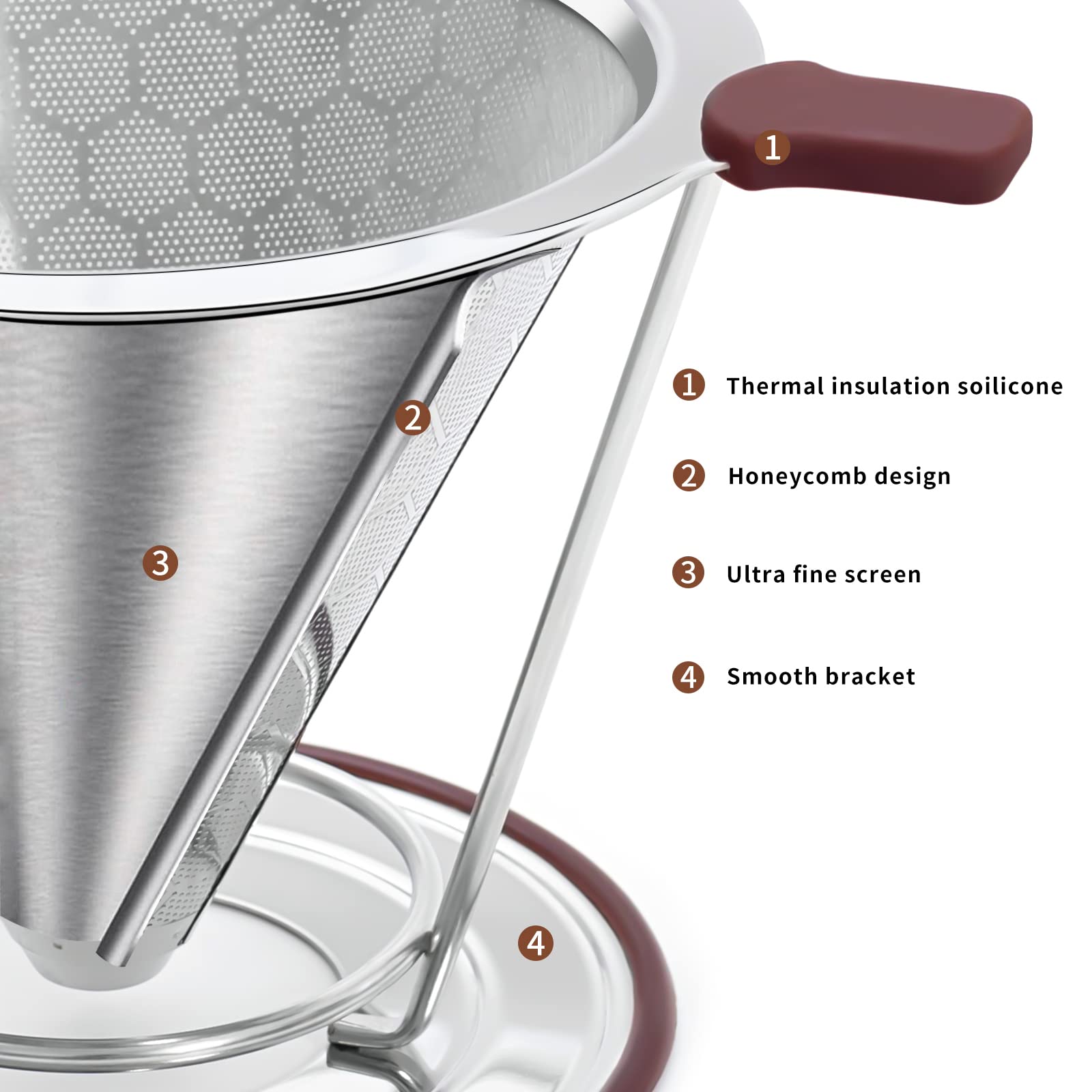 MISETTO Stainless Steel Pour Over Coffee Dripper - Reusable Paperless Coffee Filter with Removable Cup, Easy to Clean Cone Coffee Maker for Home, Office & Camping Use