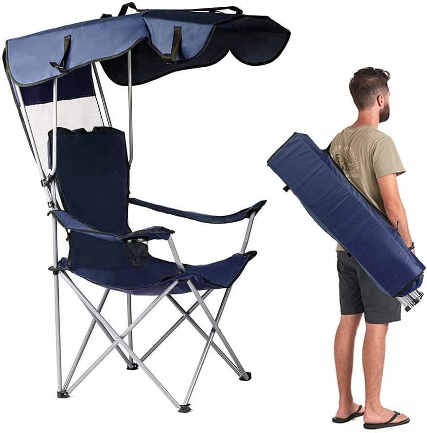 BDL Portable Camping Chair with Shade Canopy, Cup Holders & Carry Bag - Foldable, Lightweight Outdoor Chair for Lawn, Beach, Patio - Recliner Support up to 450 lbs - Perfect for Picnics, Backyard Relaxing & Summer Festivals