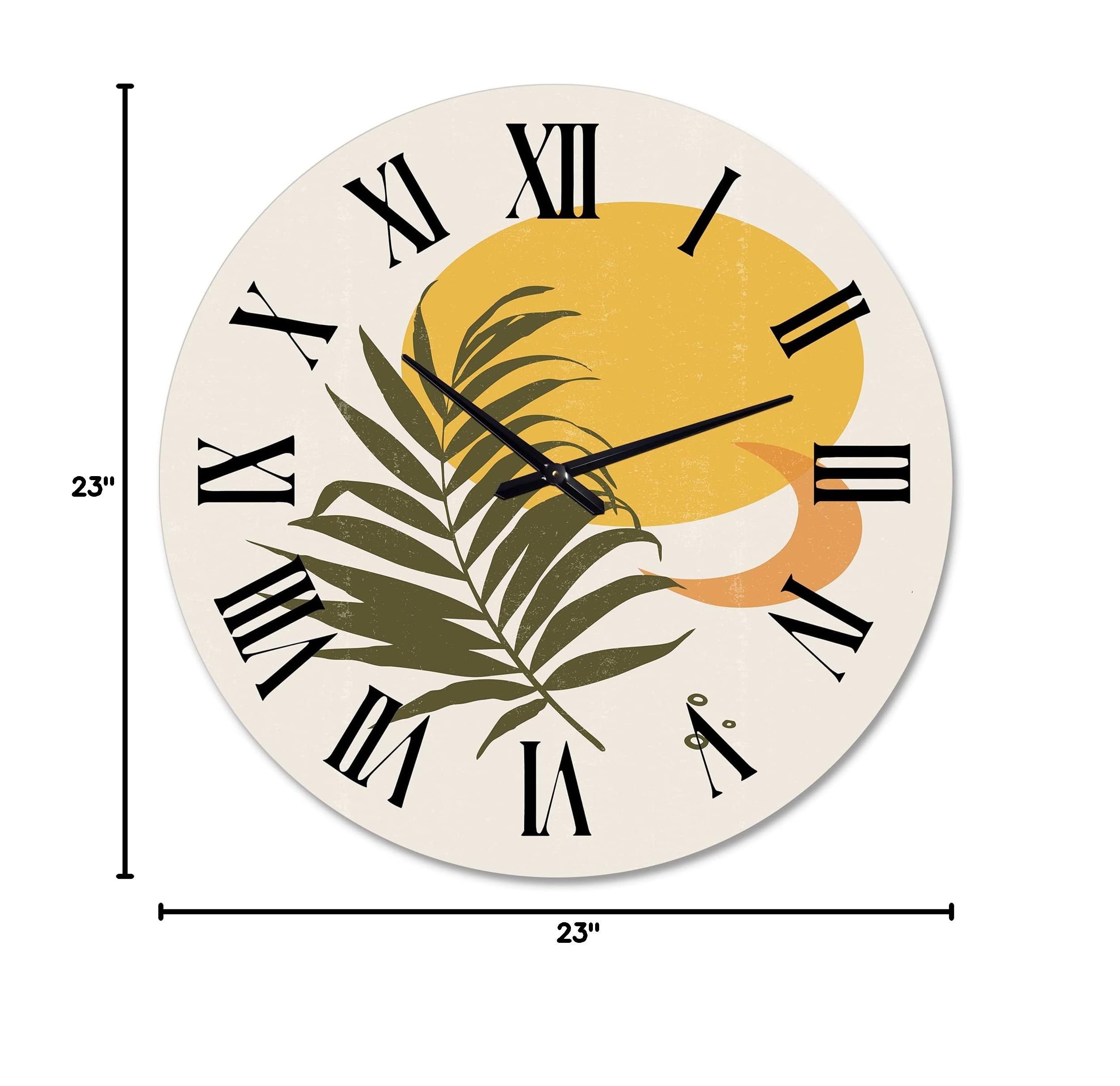 Abstract Yellow Sun and Moon with Tropical Leaf Wall Clock - Large Modern Fractal Design for Office & Home Decor - Perfect for Living Room, Bedroom or Workspace