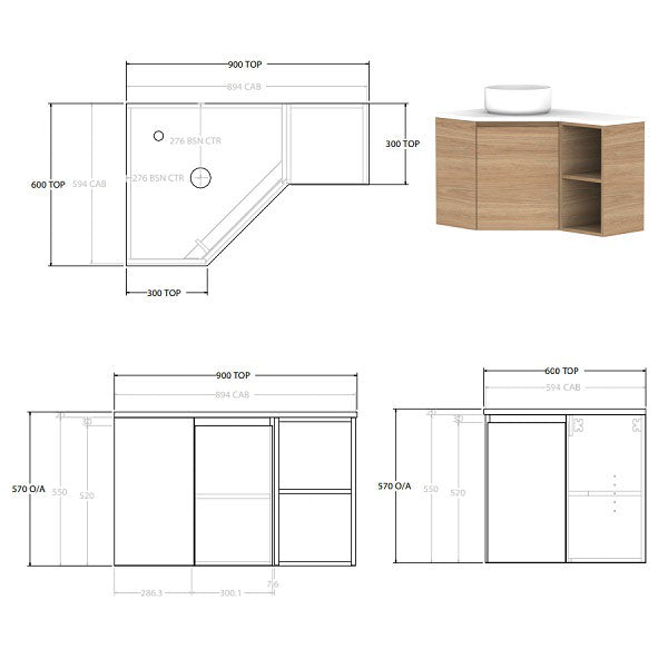 ADP Glacier Lite Corner Vanity with Twin Wall-Hung Doors and Shelves - Cherry Pie Top Finish for Bathroom or Bedroom Storage