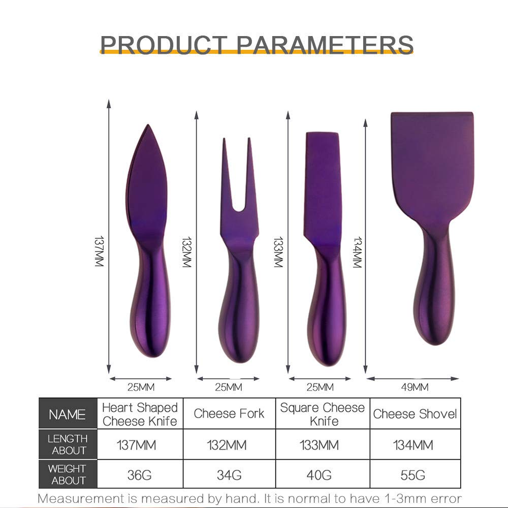 4-Piece Stainless Steel Cheese Knives Set with Cheese Cutter, Slicer & Fork - Elegant Purple for Cheese Boards, Wine Pairings & Gourmet Entertaining