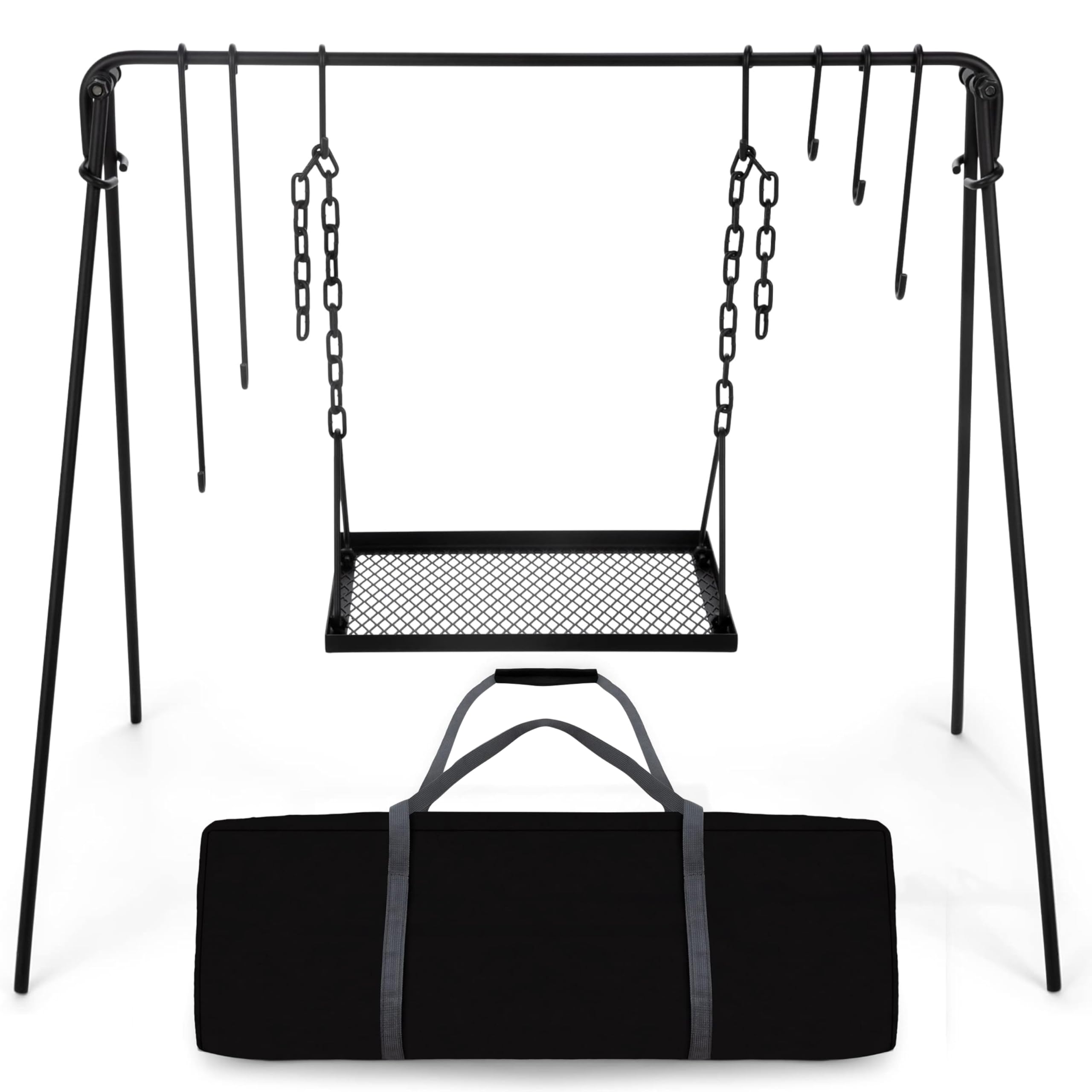 Bruntmor Adjustable Campfire Grill Stand - Portable Swing Cooking Tripod for Dutch Oven & BBQ, Collapsible Legs with Hooks, Accessories & Carry Case (Black) - Perfect for Outdoor Camping, Backyard Grilling and Picnic Cooking