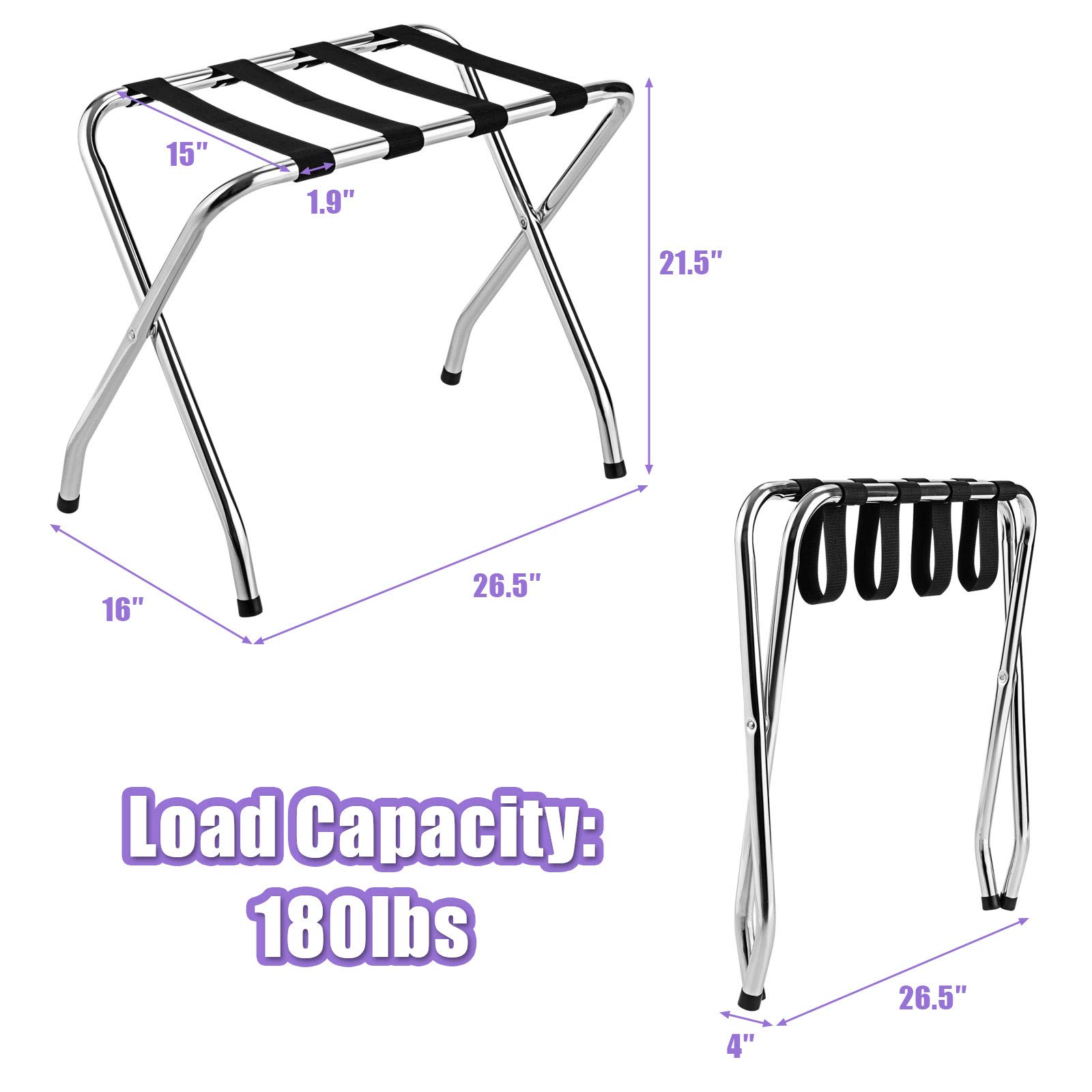 Tangkula Chrome Folding Luggage Rack - No Assembly Required Metal Suitcase Stand with Nylon Belts for Bedroom, Guest Room & Hotel - Space-Saving Silver Storage Solution (3-Pack) - Perfect for Travelers & Small Spaces