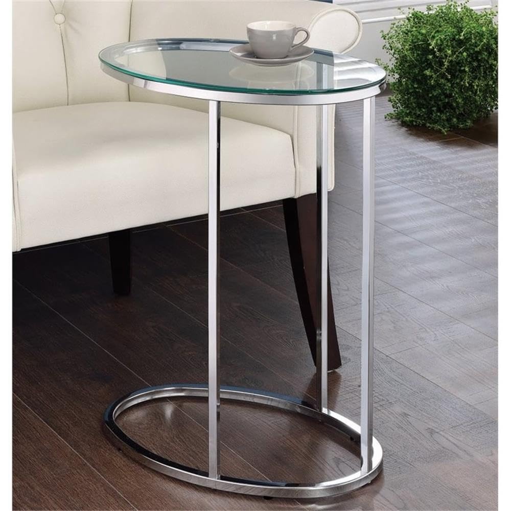 BOWERY HILL Oval End Table with Glass Top & Chrome Metal Base - C-Shape Design Fits Under Sofa - Modern Accent Table for Living Room, Bedroom & Office Use