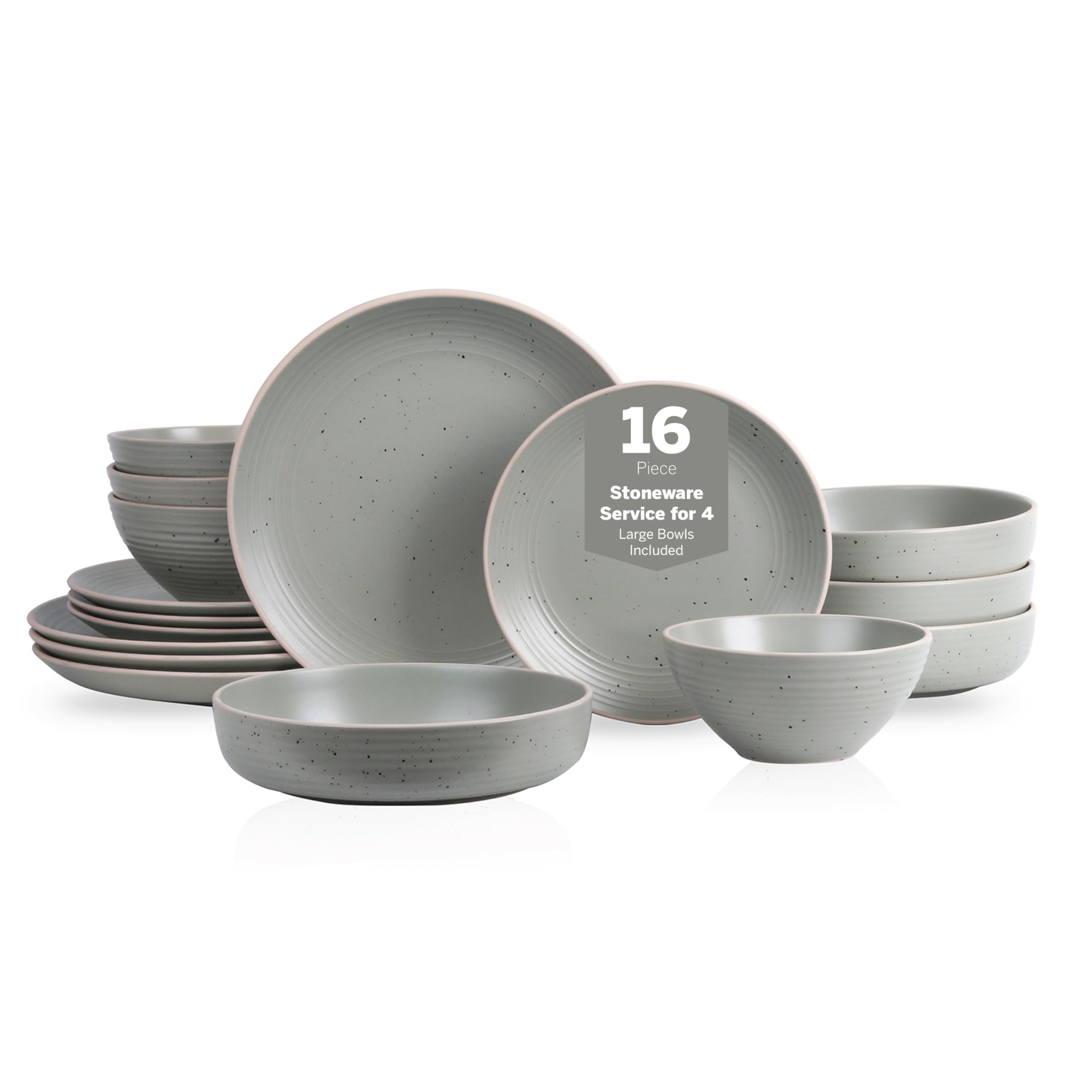 Lauren Stoneware 16-Piece Rustic Dinnerware Set - Speckled Green Plates & Bowls for 4, Microwave & Dishwasher Safe - Perfect for Indoor/Outdoor Dining, Family Gatherings & Restaurant-Style Meals