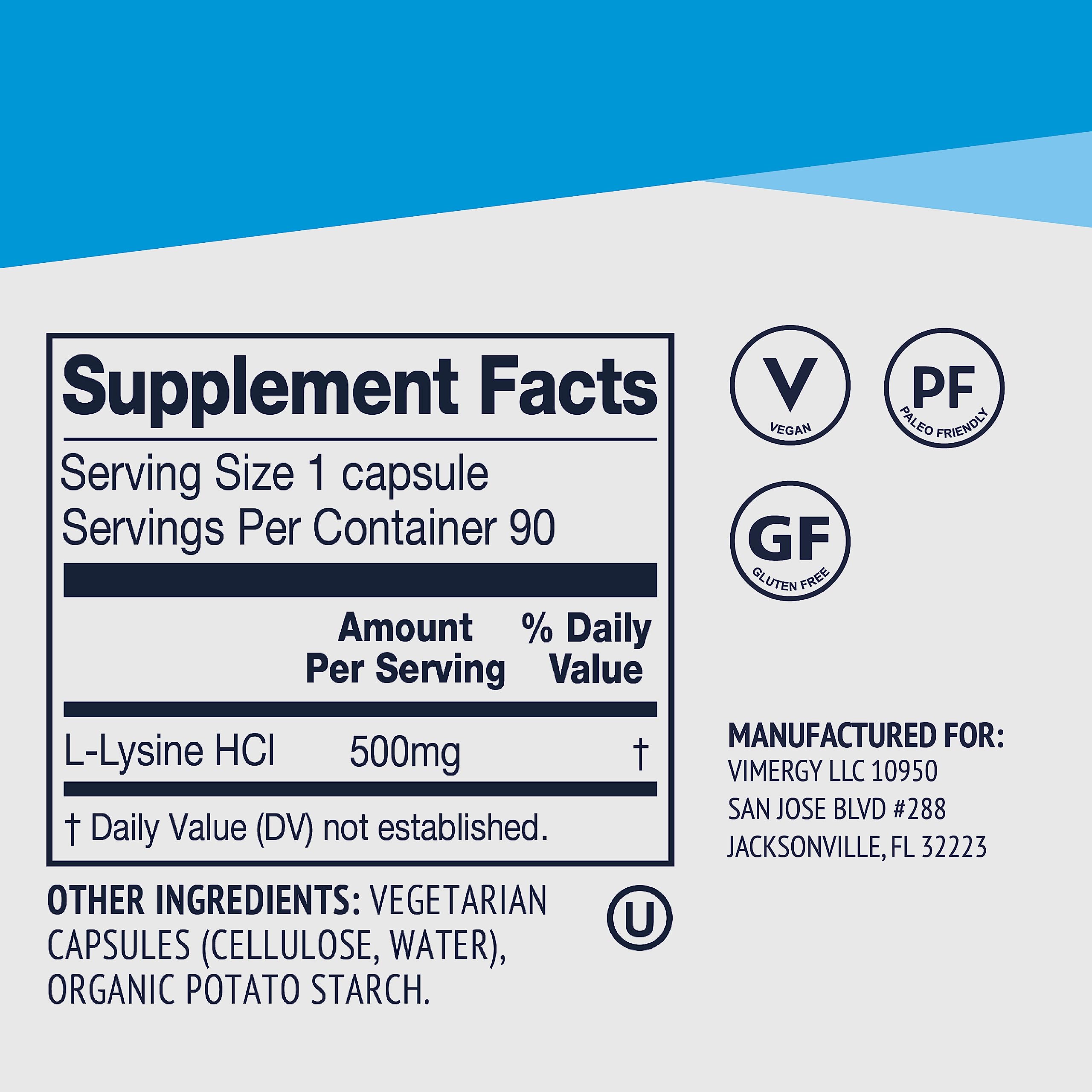 Vimergy L-Lysine 90 Capsules - Vegan Non-GMO Gluten-Free Supplement for Healthy Skin, Hair, Nails & Joint Support - Metabolism Booster - Perfect for Daily Wellness & Immune System Maintenance