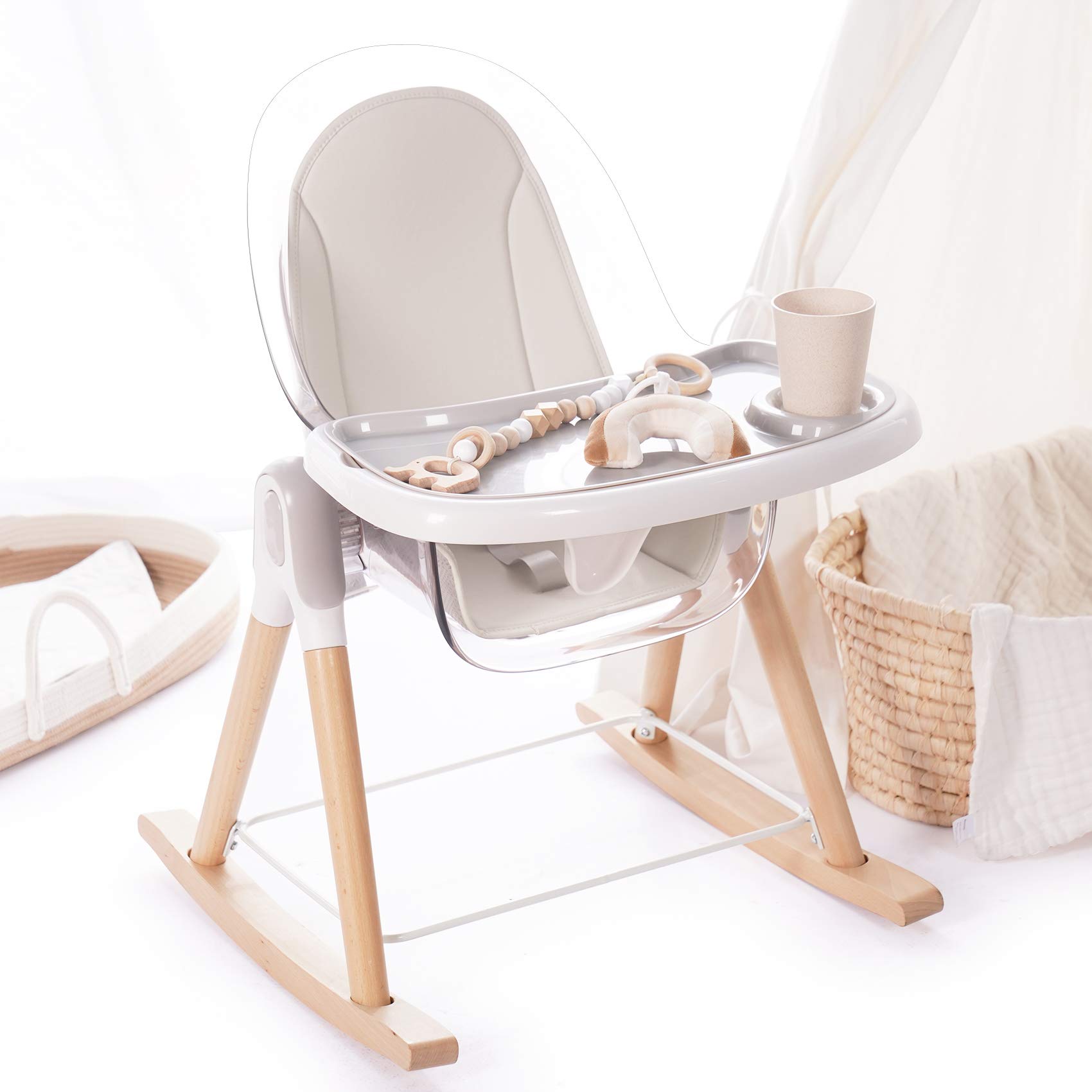 7-in-1 Convertible Wooden High Chair for Babies & Toddlers - Adjustable Rocking Chair with Reclining Seat, Removable Cushion & Double Tray | Easy to Clean Compact Design | Perfect for Feeding, Playtime & Family Bonding