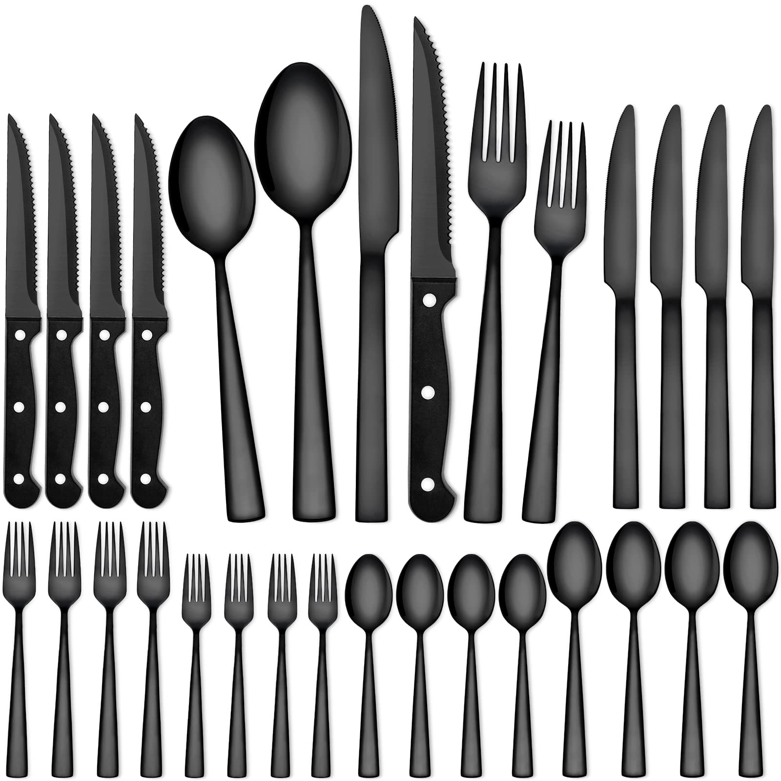 CEKEE 24-Piece Black Silverware Set for 4 - Premium Stainless Steel Flatware with Steak Knives, Elegant Black Cutlery Set for Home & Kitchen - Perfect for Dinner Parties, Restaurants, and Everyday Dining (Hand Wash Recommended)