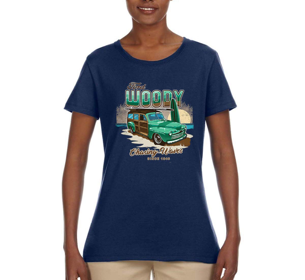 Vintage 1946 Ford Woody Chasing Waves Graphic T-Shirt for Women - Retro Beach & Road Trip Style Tee