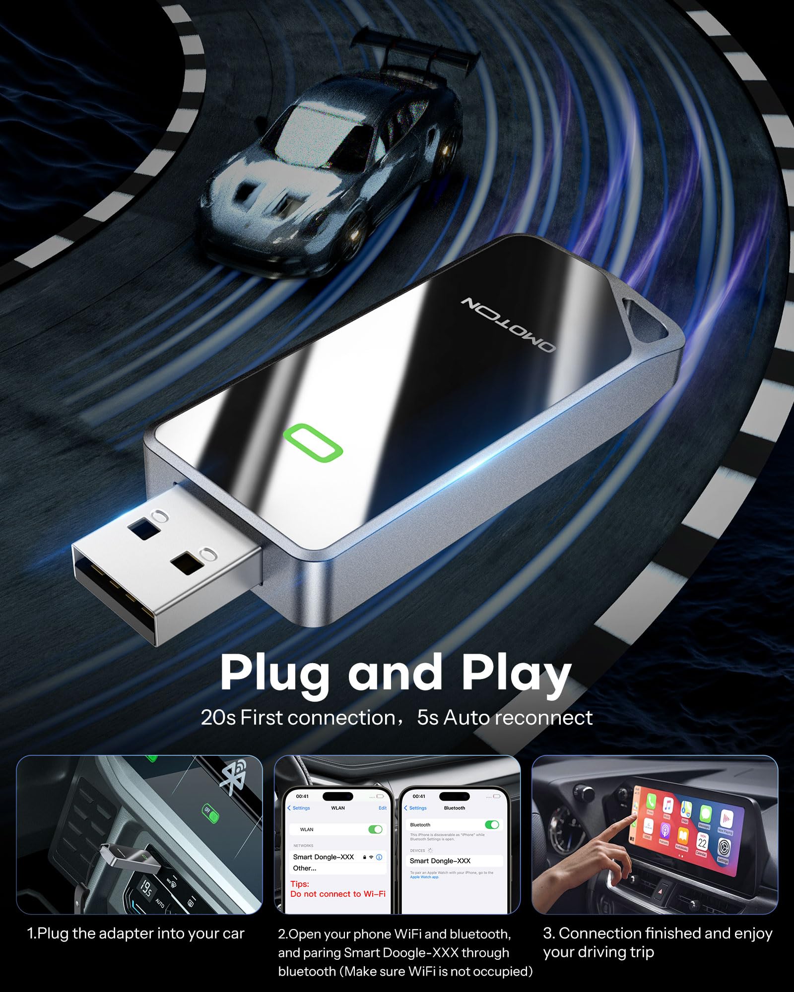 Wireless CarPlay Adapter for iPhone - Mini Plug & Play Dongle Converts Wired to Wireless CarPlay (iOS 10+, Compatible with 800+ Car Models) - Perfect for Commuting, Road Trips & Hands-Free Driving