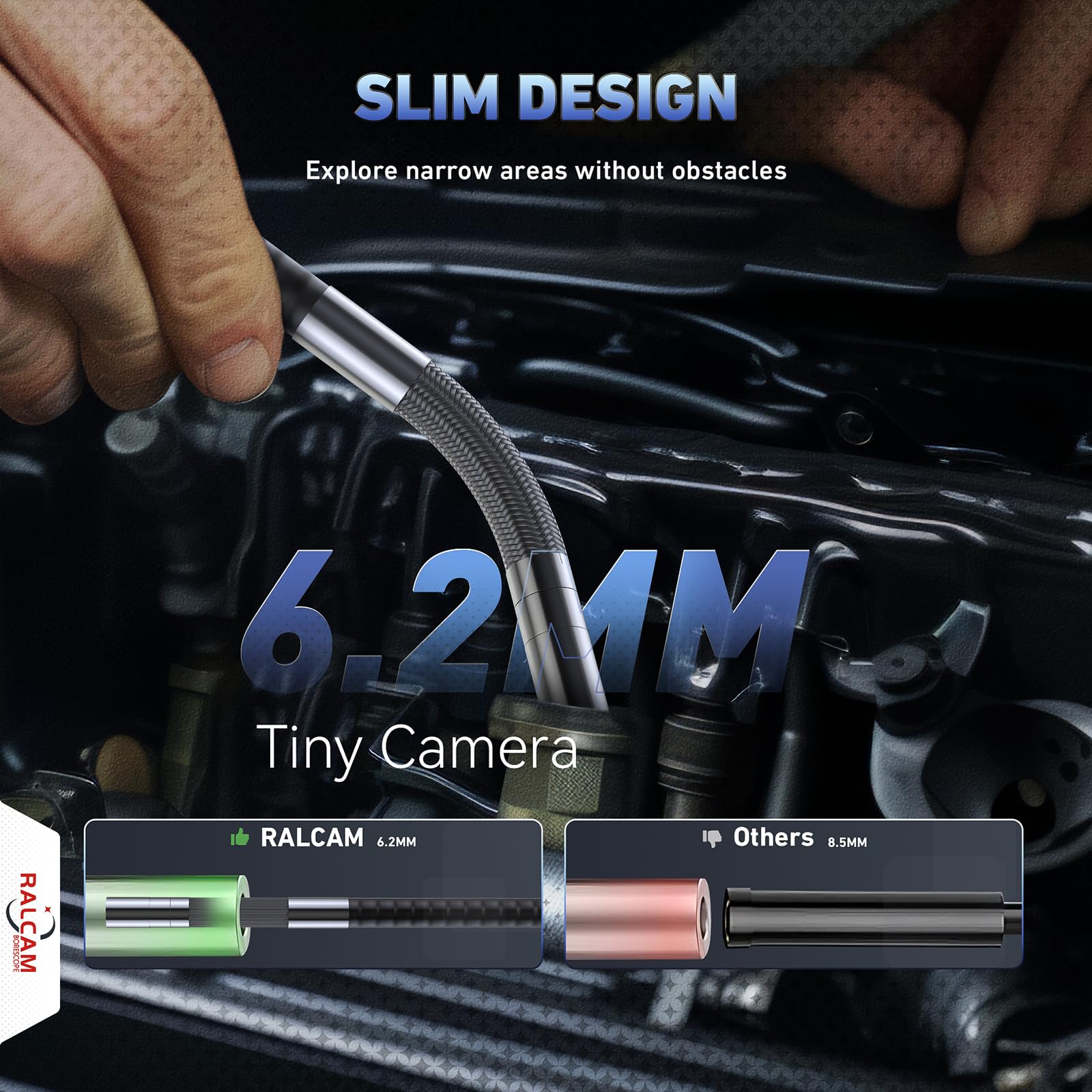 Ralcam 360° Articulating Borescope with 6.2mm Camera - 4-Way Joystick, 6 Adjustable LED Lights & 6.6FT Semi-Rigid Snake Tube for Automotive, HVAC, and Plumbing Inspections