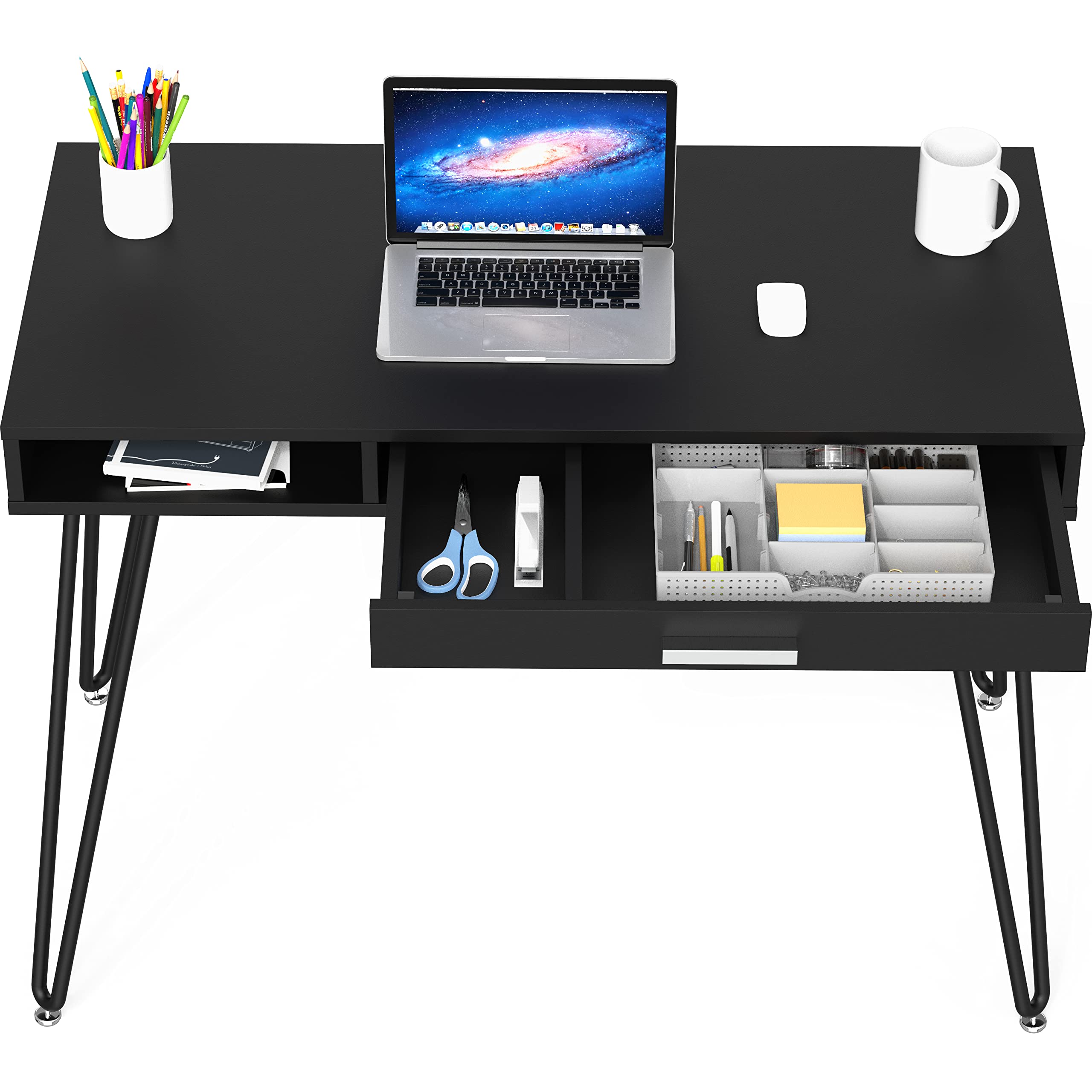 SHW Modern Home Office Computer Desk with Drawer & Hairpin Legs - Black Wooden Writing Table for Small Spaces, Work from Home, Study & Gaming (60