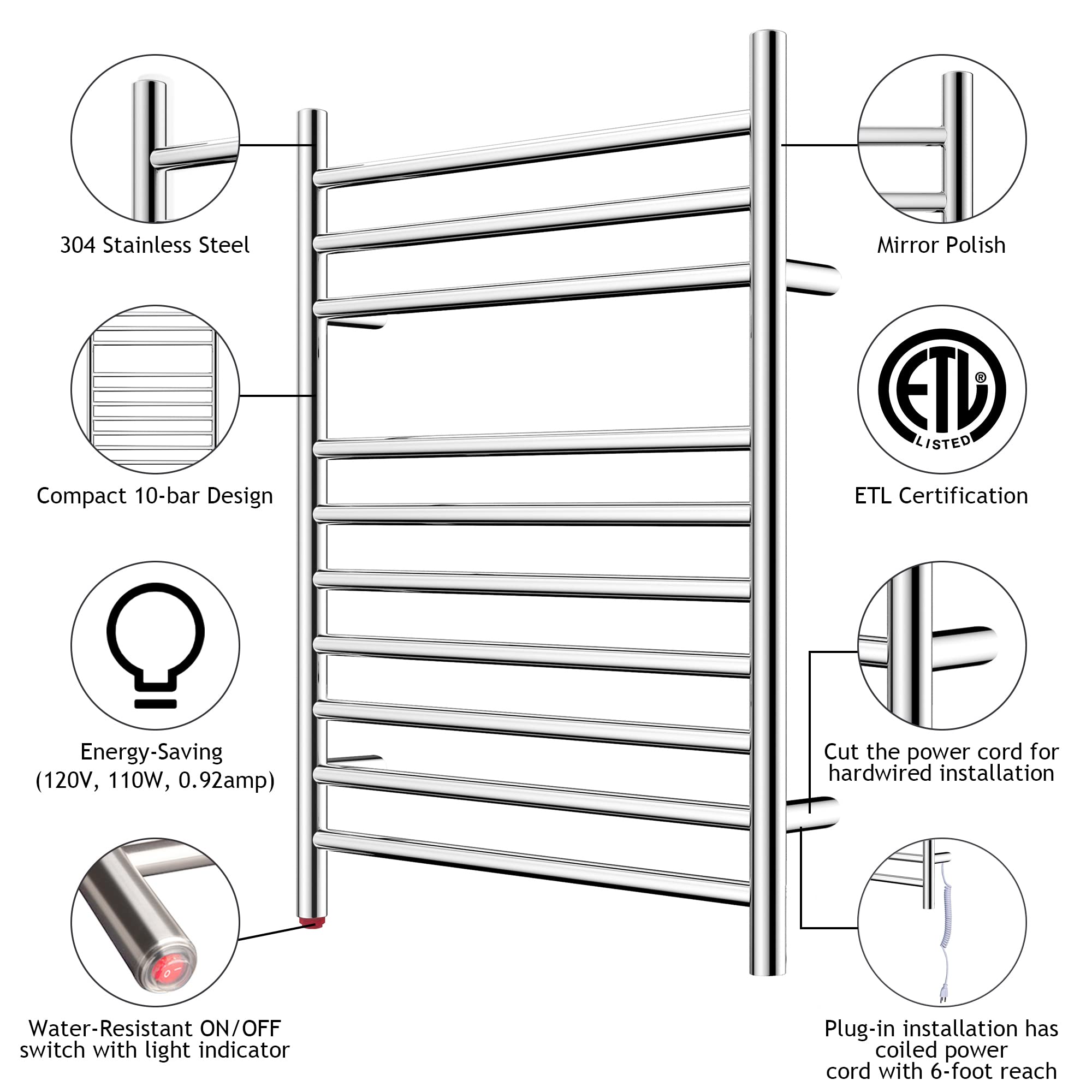 HEATGENE Compact Electric Towel Warmer - Wall Mounted Bathroom Towel Heater Rack for Small Spaces, Plug-in or Hardwired Installation, Mirror Polish Finish | Perfect for Cozy Bathrooms, Spa-Like Experience, Guest Rooms & Luxury Hotels