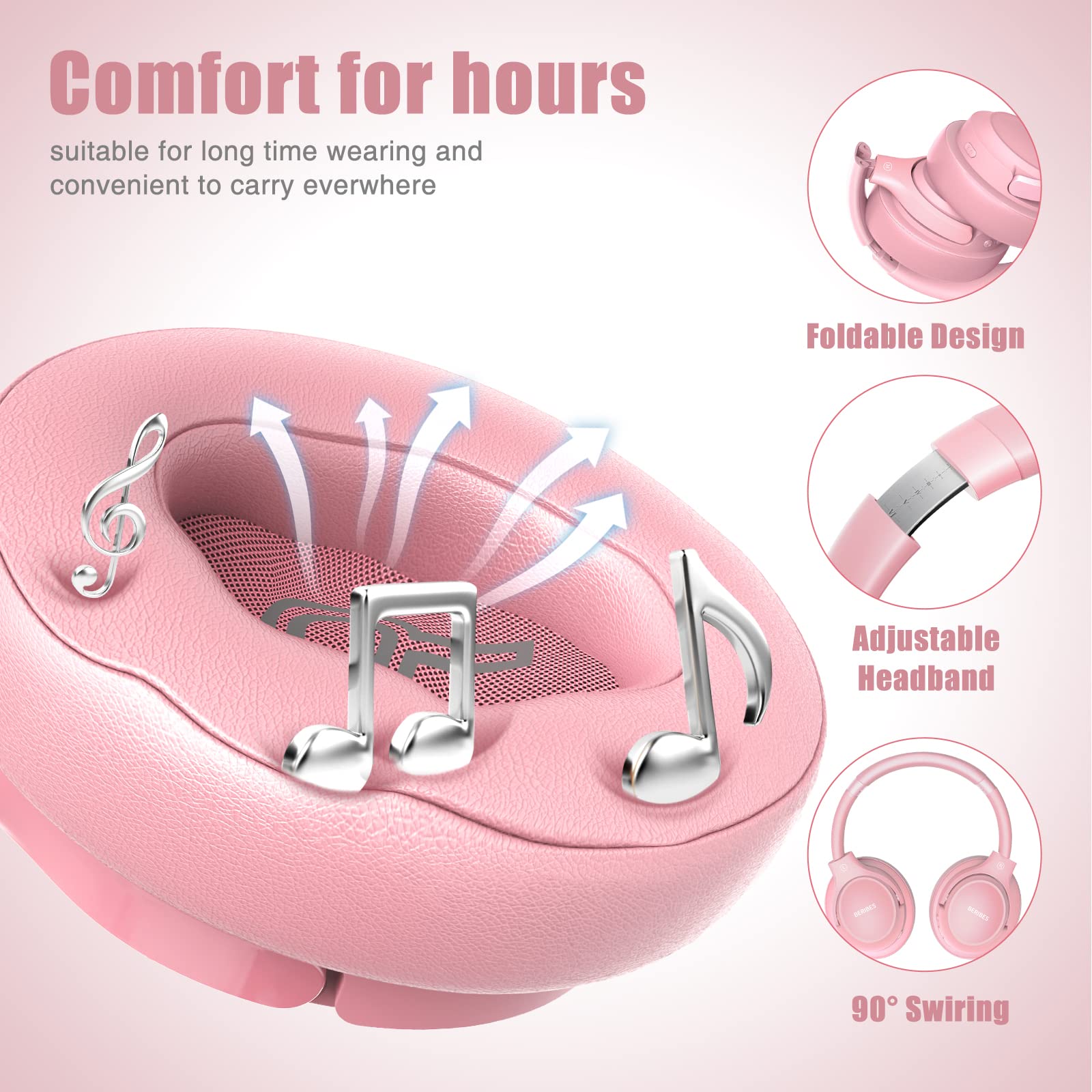 BERIBES Bluetooth Wireless Over Ear Headphones with Microphone - 65H Playtime, 6 EQ Modes, HiFi Stereo, Foldable & Lightweight - Perfect for Home, Office, Travel, Gaming & Music (Pink)