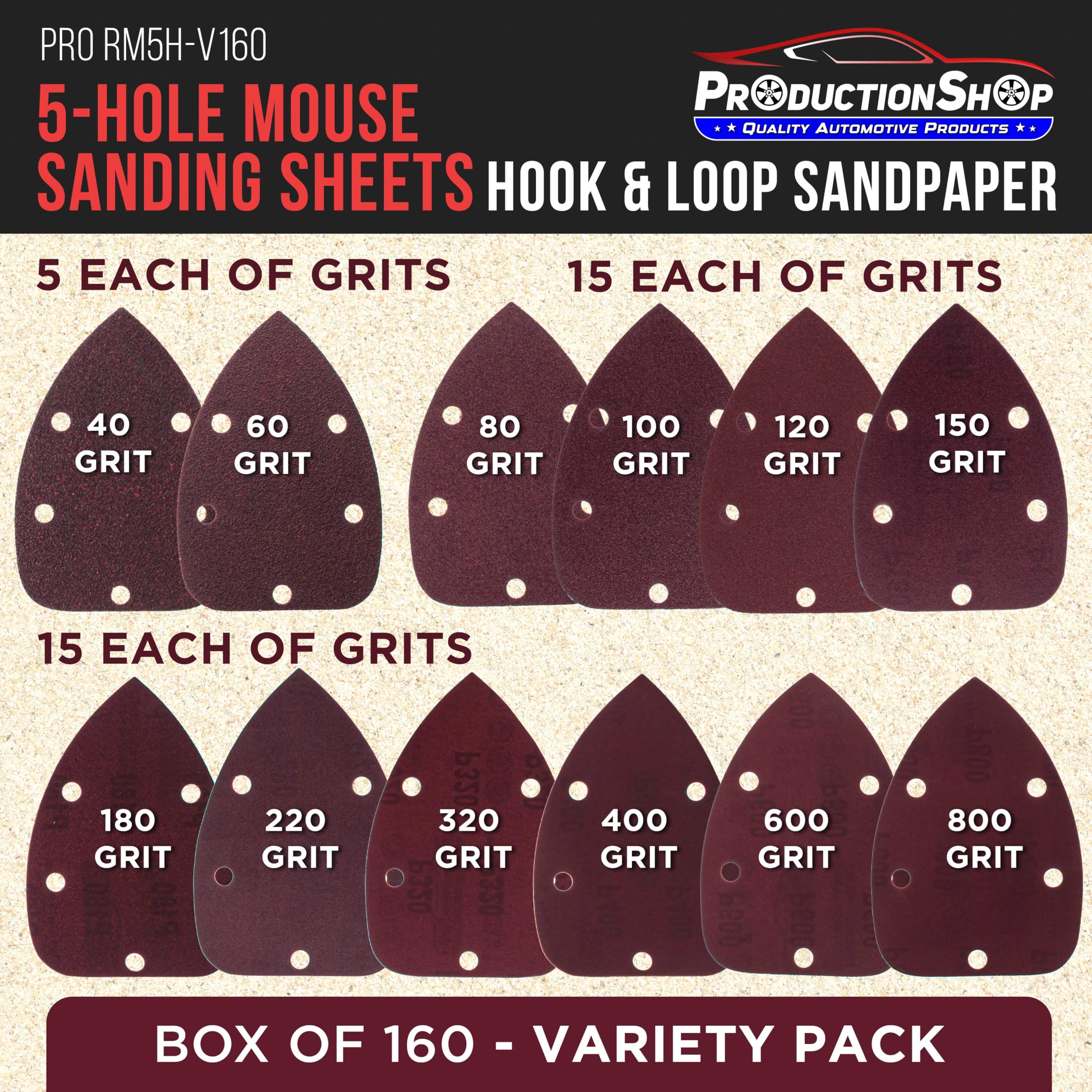Premium 5-Hole Hook & Loop Sandpaper Discs - 160-Piece Variety Pack (40-800 Grit) for Mouse Detail Sander - Woodworking, Furniture Refinishing & DIY Projects