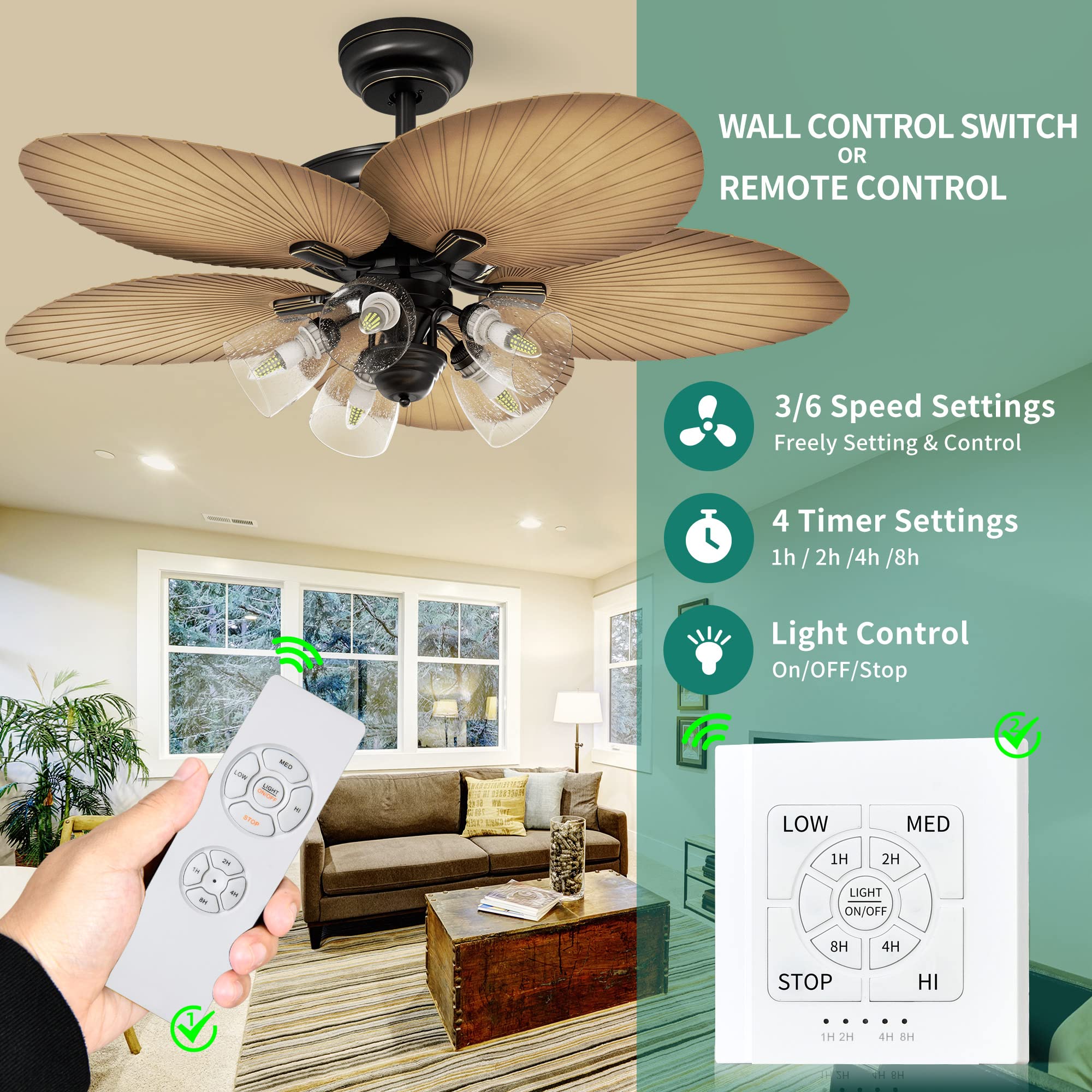 YITAHOME 52 Inch Tropical Ceiling Fan with Light Kit - Remote & Wall Control, 3 Speed Silent Reversible Motor, 4 Timer Settings, Palm Leaf Blades, Clear Seeded Glass - Perfect for Bedroom, Living Room & Outdoor Patio (Sandstone/Black)