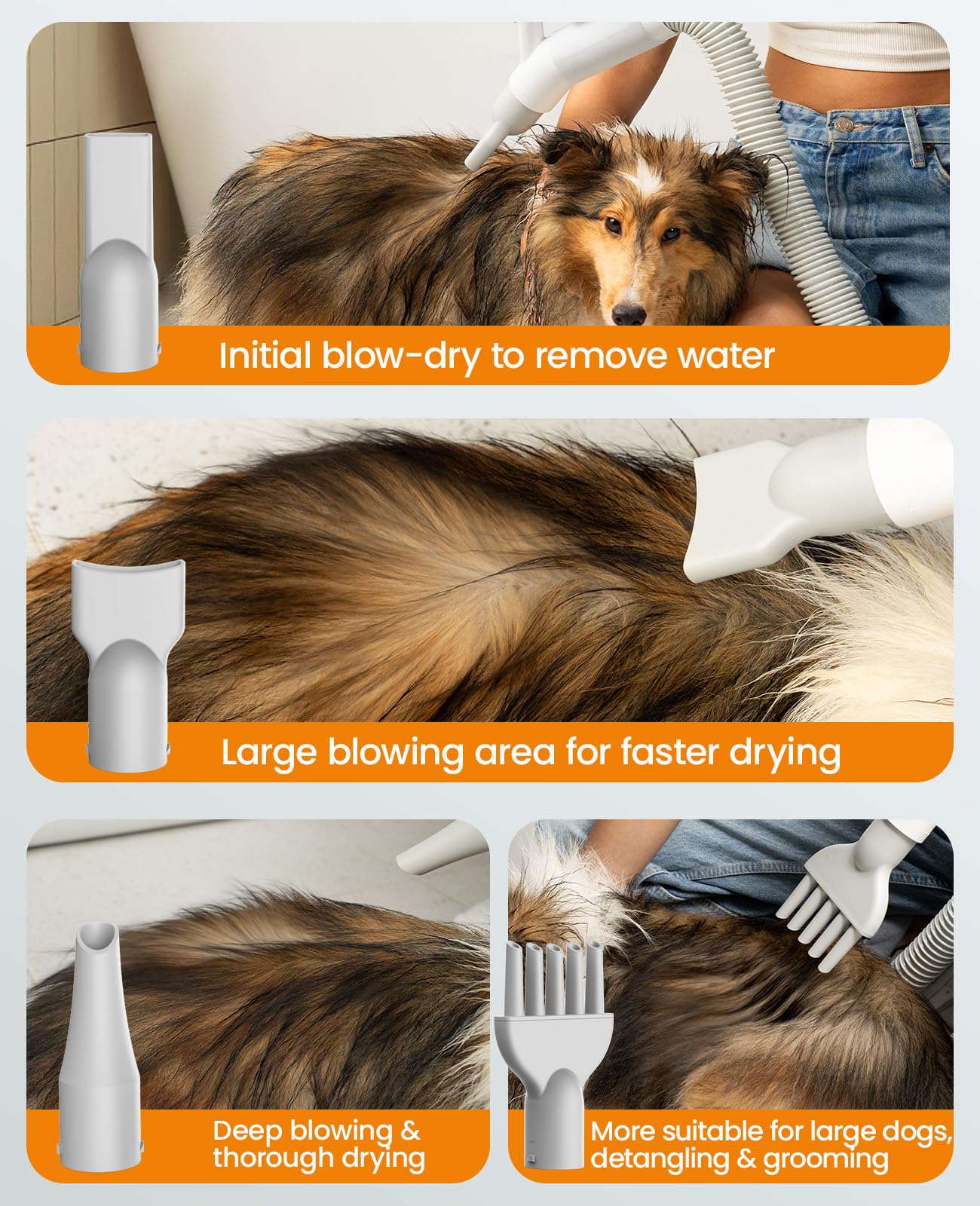 Oneisall High Velocity Dog Dryer - 465 ft/s Quiet Pet Hair Dryer with Adjustable Airflow & Cycling Heating, 8.86ft Long Hose for Quick & Efficient Drying - Perfect for Professional Grooming, Home Pet Care, and Dog Show Preparation