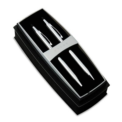 Classic Century Ballpoint Pen & Pencil Set - Chrome/Black Accent (5 Sets) - Premium Writing Gift for Office, School & Business Professionals