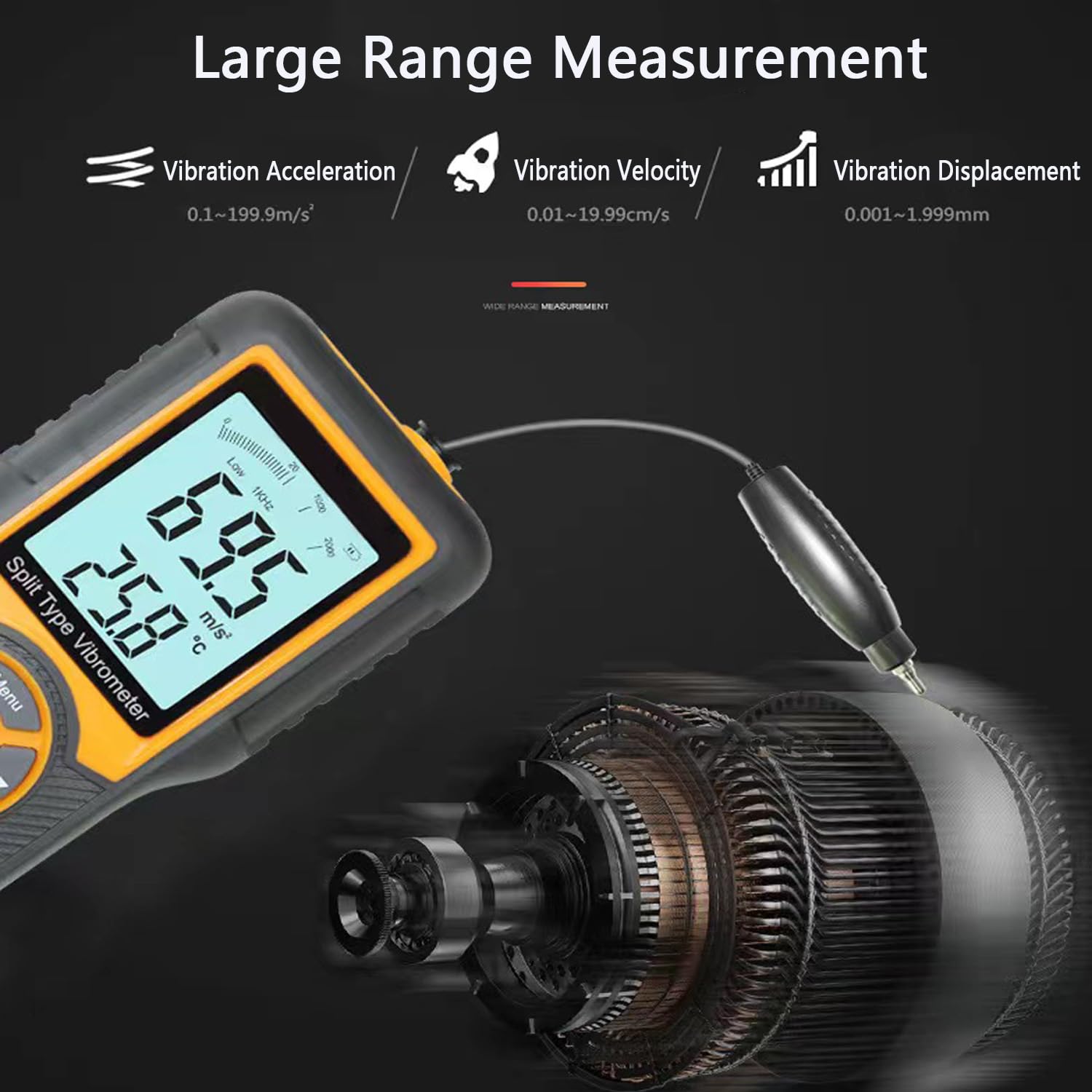 Digital Vibration Meter Analyzer - Professional Vibrometer with Split Probe for Measuring Acceleration, Velocity & Displacement | Mechanical Vibration Tester Sensor | Perfect for Industrial Equipment Maintenance, HVAC Systems & Machine Diagnostics