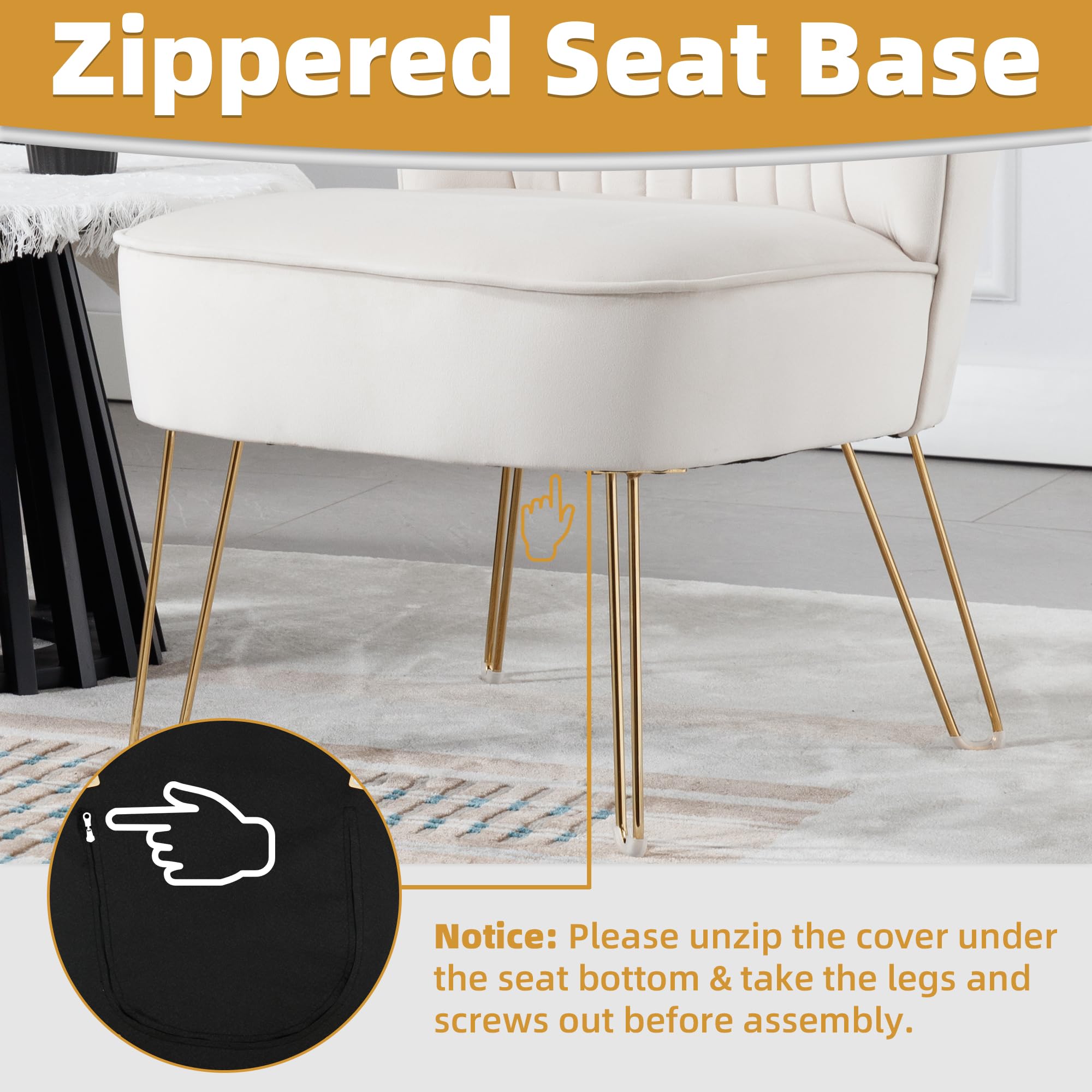 ABET Accent Chairs Set of 2 - Velvet Upholstered Armless Living Room Chairs with Tufted Wingback Design, Thick Cushion & Golden U-Shaped Metal Legs - Modern Comfortable Slipper Chairs for Living Room, Bedroom, or Office - Beige