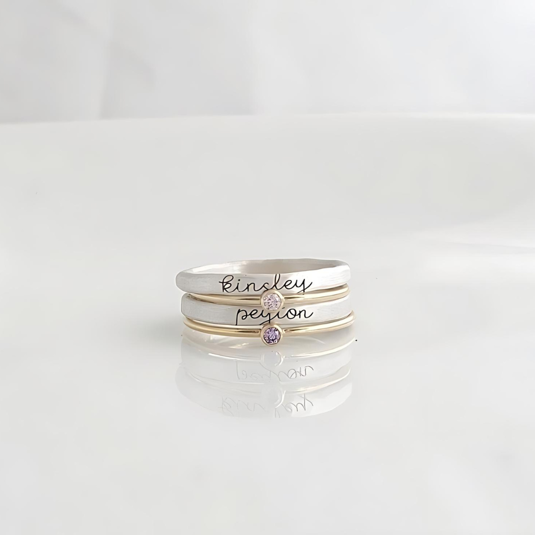 Personalized Birthstone Stacking Rings for Women - Custom Engraved Name & Date, Sterling Silver Stackable Rings Set - Perfect Gift for Anniversary, Birthday, Mother's Day & Valentine's Day