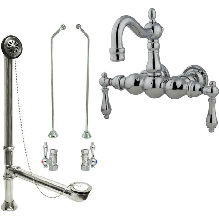 Chrome Wall Mount Clawfoot Bathtub Faucet Set with Drain Kit and Stops - CC1002T1 System | Perfect for Vintage Bathroom Renovation and Freestanding Tub Installation