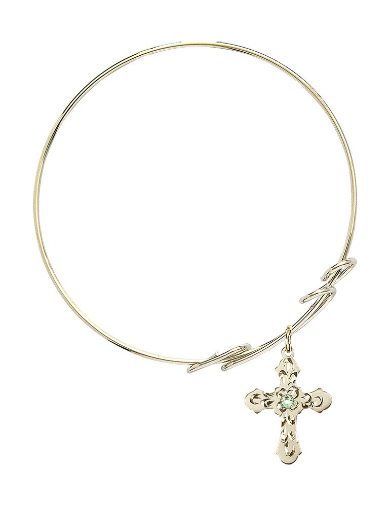 8 Inch Round Double Loop Bangle Bracelet with Cross Medal Charm & August Green Crystal - Elegant Jewelry for Women, Perfect for Parties, Weddings & Everyday Wear