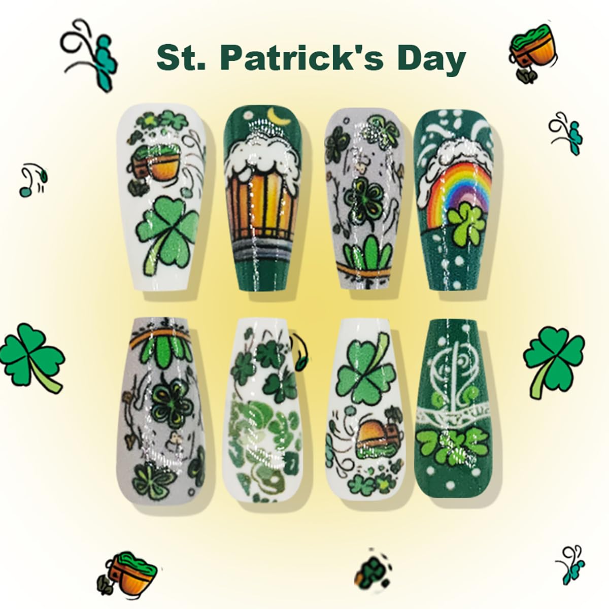 St. Patrick's Day Press On Nails - 24Pcs Long Coffin Fake Nails with Shamrock Design, Reusable Glue on Artificial Nails for Women & Girls | Perfect for Holiday Parties, Festive Events & Irish Celebrations