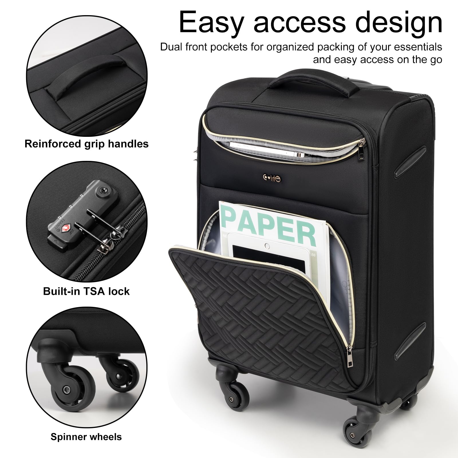 Coolife 20-Inch Lightweight Softside Carry-On Luggage with Wheels - Pink Rolling Travel Suitcase for Airplane, Business Trips & Weekend Getaways