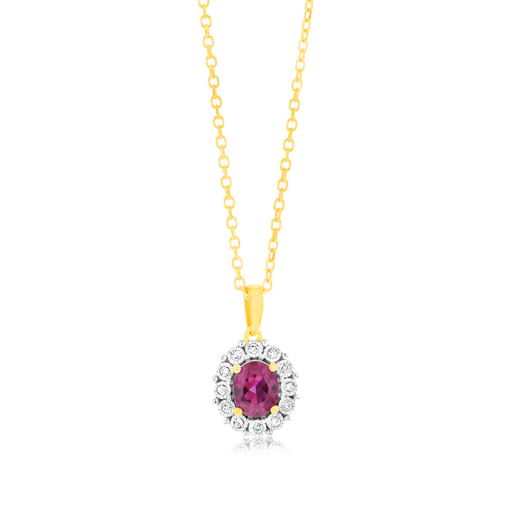 0.39 Carat Oval Created Ruby and Diamond Pendant with 45cm 9ct Yellow Gold Chain - Elegant Jewelry Gift for Women, Perfect for Anniversaries, Birthdays & Special Occasions