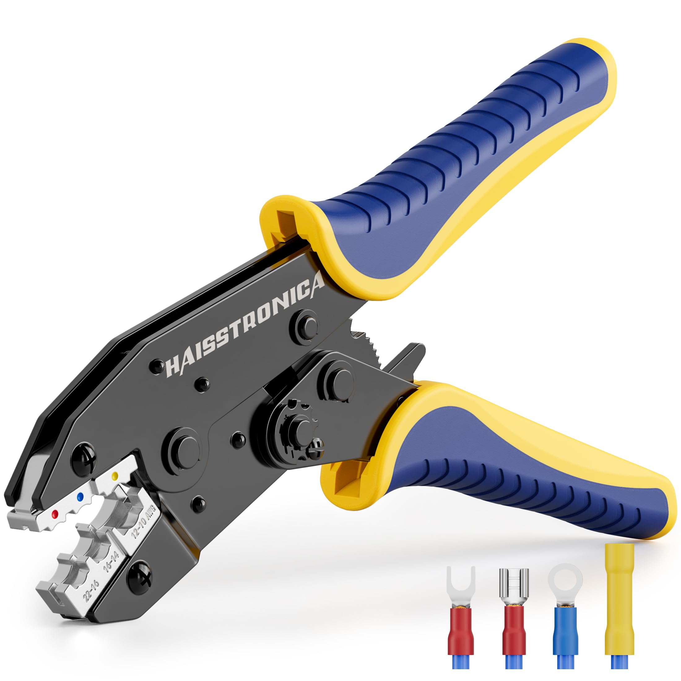 Haisstronica Ratcheting Crimping Tool for Insulated Electrical Wire Connectors (AWG 22-10) - Professional HS-9327 Wire Terminal Crimper for Automotive, Electrical and DIY Projects